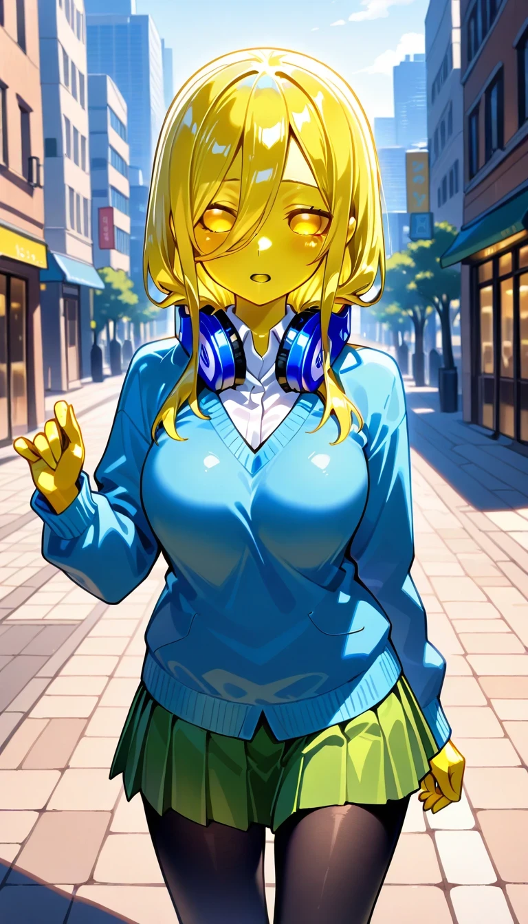 masterpiece, best quality, newest, absurdres, yellow eyes, yellow hair, yellow sclera, yellow tongue, no pupils, yellow skin, shiny skin, metal skin, 1girl, solo, nakano miku, headphones around neck, blue sweater, white shirt, collared shirt, green skirt, pleated skirt, black pantyhose, outdoors, city, street