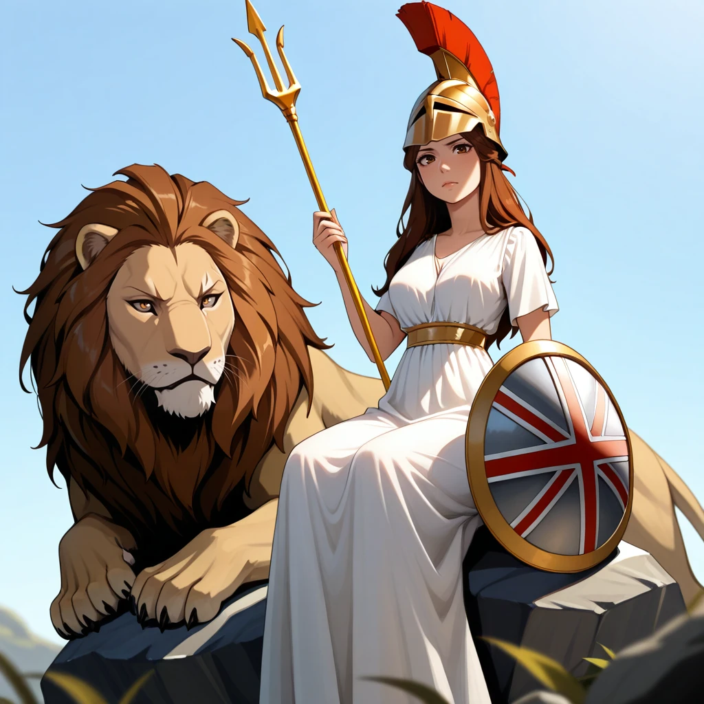 masterpiece, best quality, Britannia, 1girl, solo, brown hair, long hair, brown eyes, white dress, long dress, short sleeves, helmet, <lora:Goddess_britannia_illustrious_Leaf1:1>, holding trident, holding big shield, looking at viewer, blue sky, depth of field, sitting on rock, lion,
