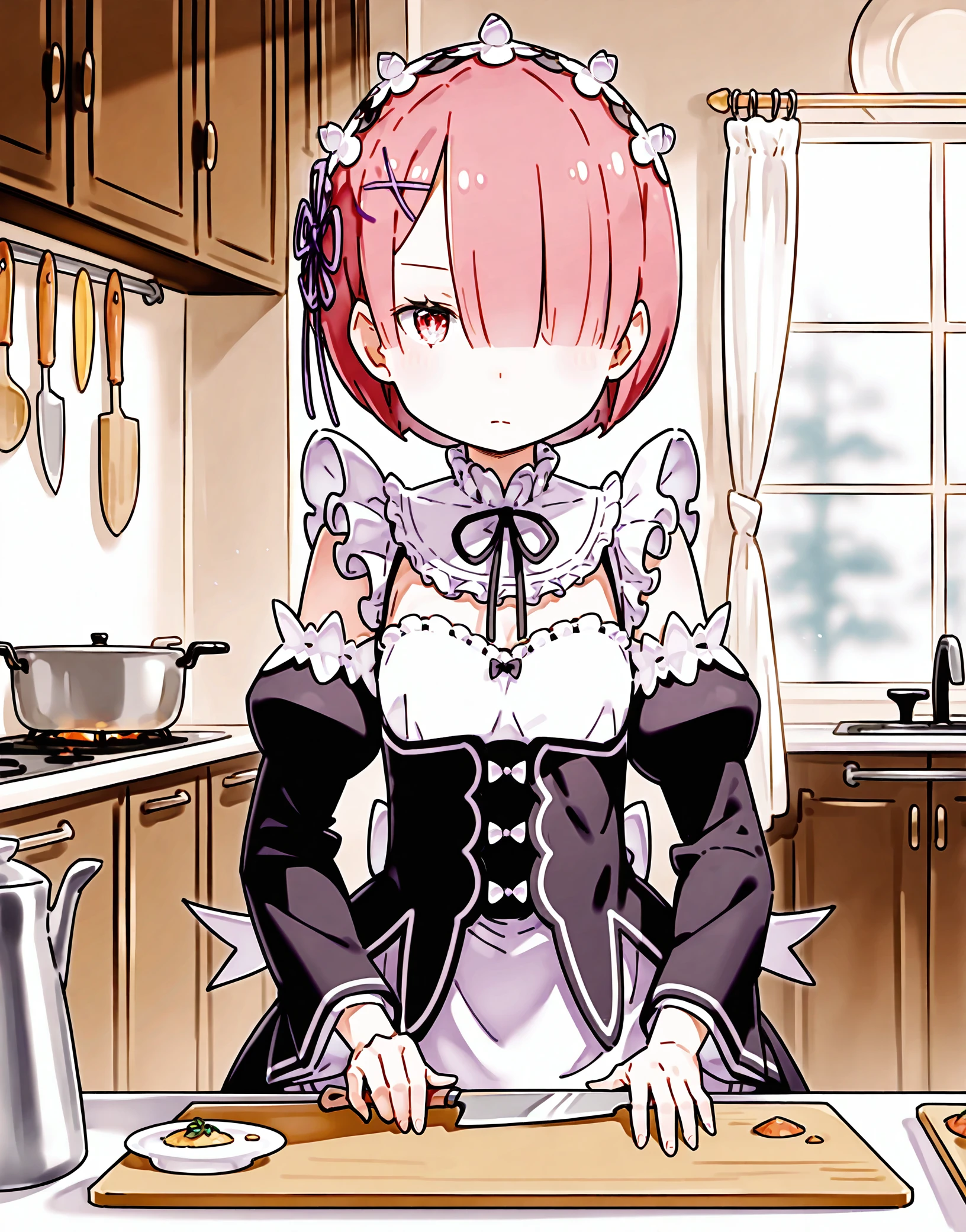 masterpiece, perfect quality, best quality, absolutely eye-catching, absurdres, highres, newest, <lora:ootsukashinichiroustyleIllustriousXL:1>, 1girl, ram \(re:zero\), roswaal mansion maid uniform, expressionless, cowboy shot, kitchen, cutting board, knife,
