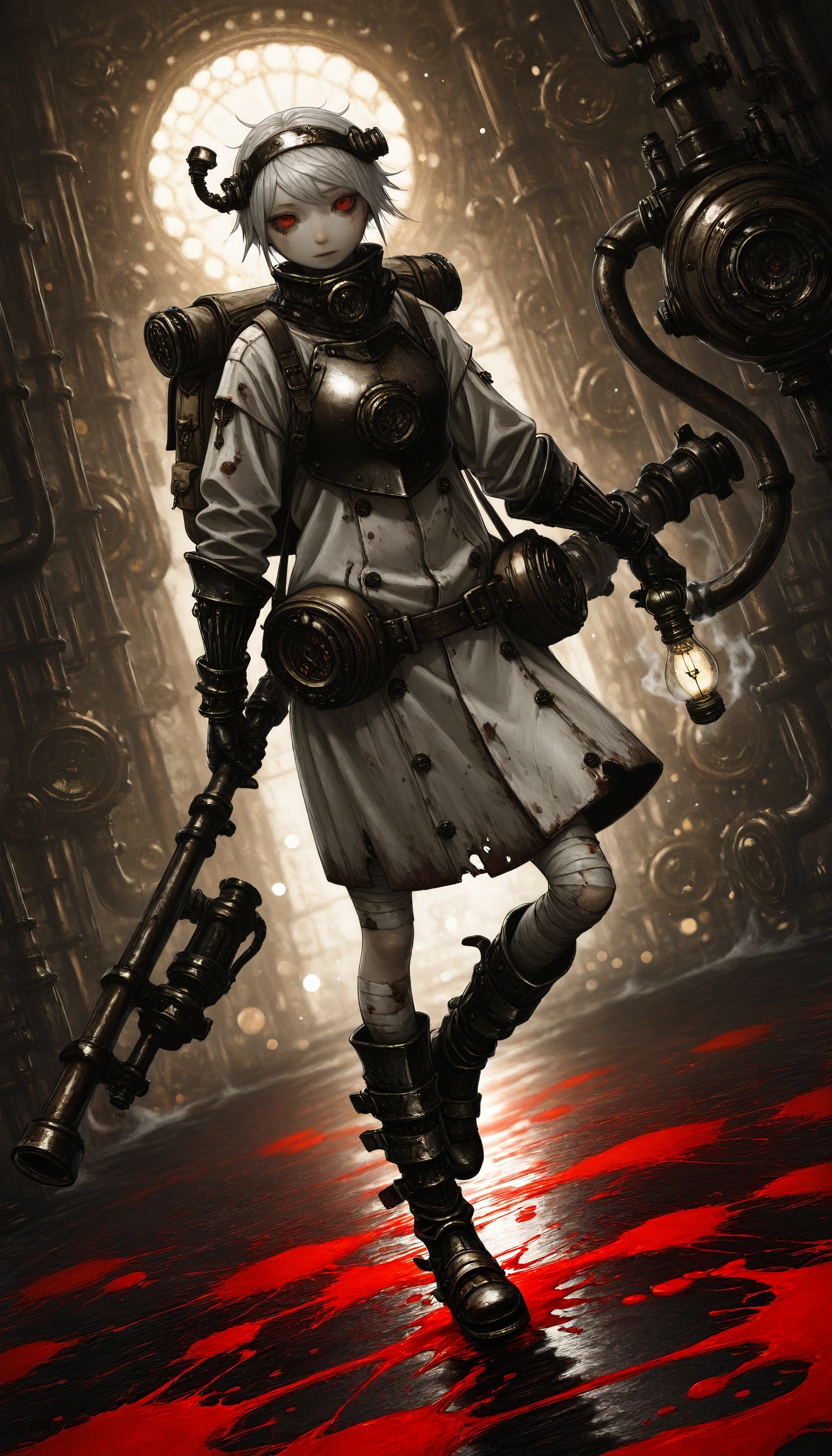 (AGM-Illu, best quality, abstract, steampunk, abstract_background, surreal, science_fiction, photoshop_(medium), original, horror_(theme), traditional_media, ink_splatter, blood_splatter, splatter_background, bokeh, HDR, contrapposto, dutch angle, depth of field)
((yuba_no_shirushi 1girl armor armored_boots backpack bag bandages boots breastplate cable coat copyright_name cyborg empty_eyes full_body gauntlets gun hairband holding holding_weapon industrial_pipe light_bulb looking_at_viewer red_eyes short_hair solo standing standing_on_one_leg steam steampunk tag torn_clothes weapon white_hair))