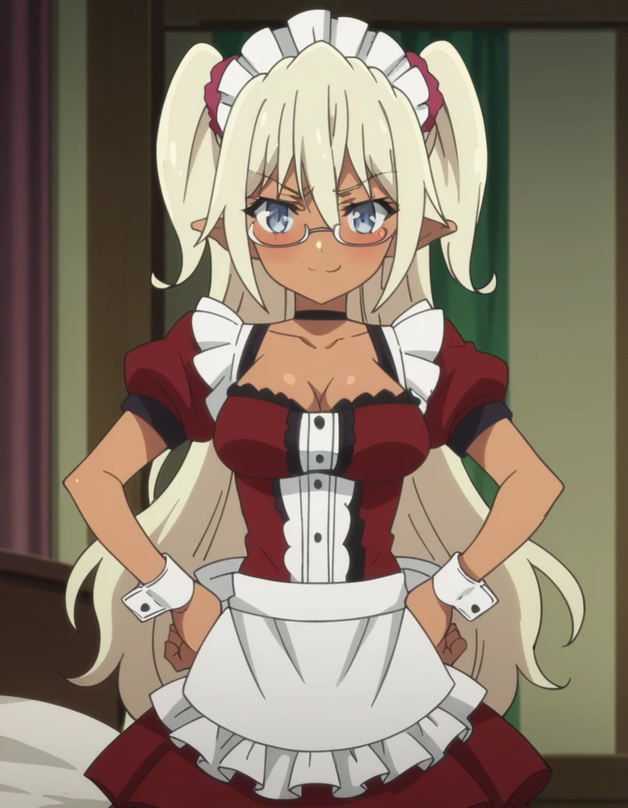 score_9, score_8_up, score_7_up, source_anime, <lora:edelgard-s2-ponyxl-lora-nochekaiser:1>, edelgard, long hair, blue eyes, blonde hair, twintails, medium breasts, glasses, pointy ears, dark skin, dark-skinned female, anime screencap, thighhighs, cleavage, choker, zettai ryouiki, wrist cuffs, maid, maid headdress,, indoors, bed, bedroom, on side, blush, drunk, , smug, hands on own hip,, looking at viewer, solo,, cowboy shot, solo