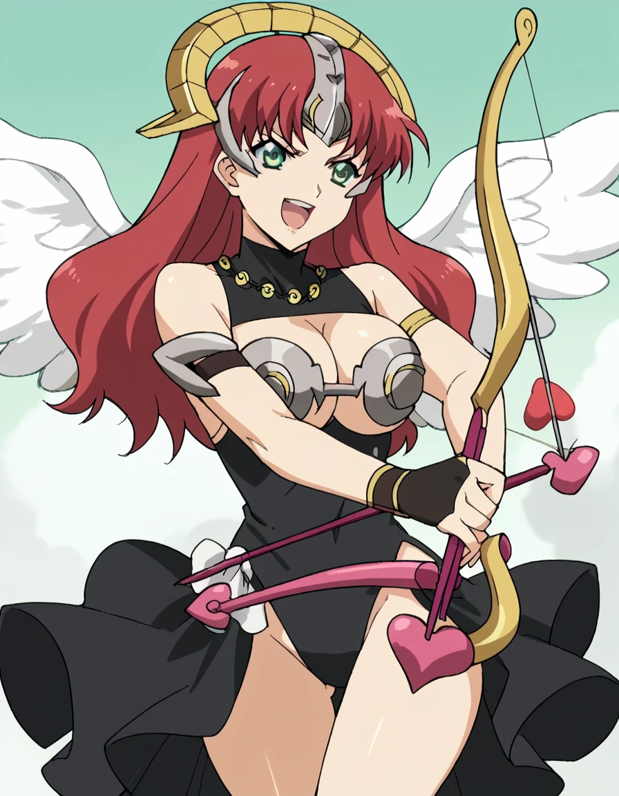 score_9, score_8_up, score_7_up, source_anime, <lora:claudette-vance-s1-ponyxl-lora-nochekaiser:1>, claudette vance, long hair, large breasts, green eyes, red hair, anime screencap, <lora:cupid-ponyxl-lora-nochekaiser:1>, cupid, dress, bare shoulders, weapon, heart, wings, bow (weapon), arrow (projectile), angel, smile, open mouth, heart arrow,, , cowboy shot, solo