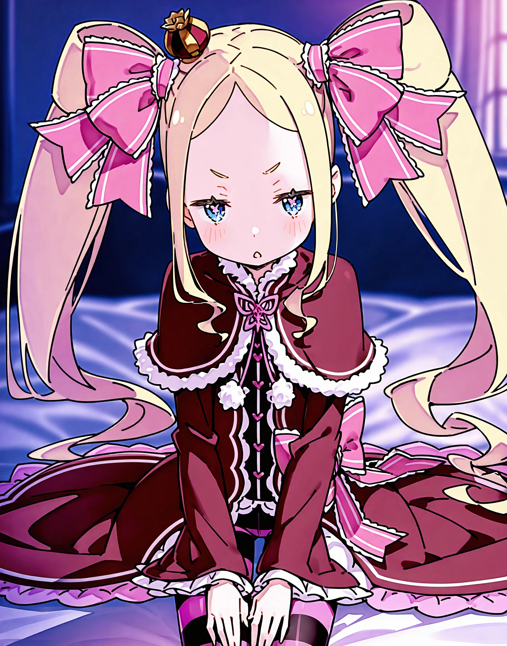 masterpiece, perfect quality, best quality, absolutely eye-catching, absurdres, highres, newest, <lora:ootsukashinichiroustyleIllustriousXL:1>, 1girl, beatrice \(re:zero\), sitting,