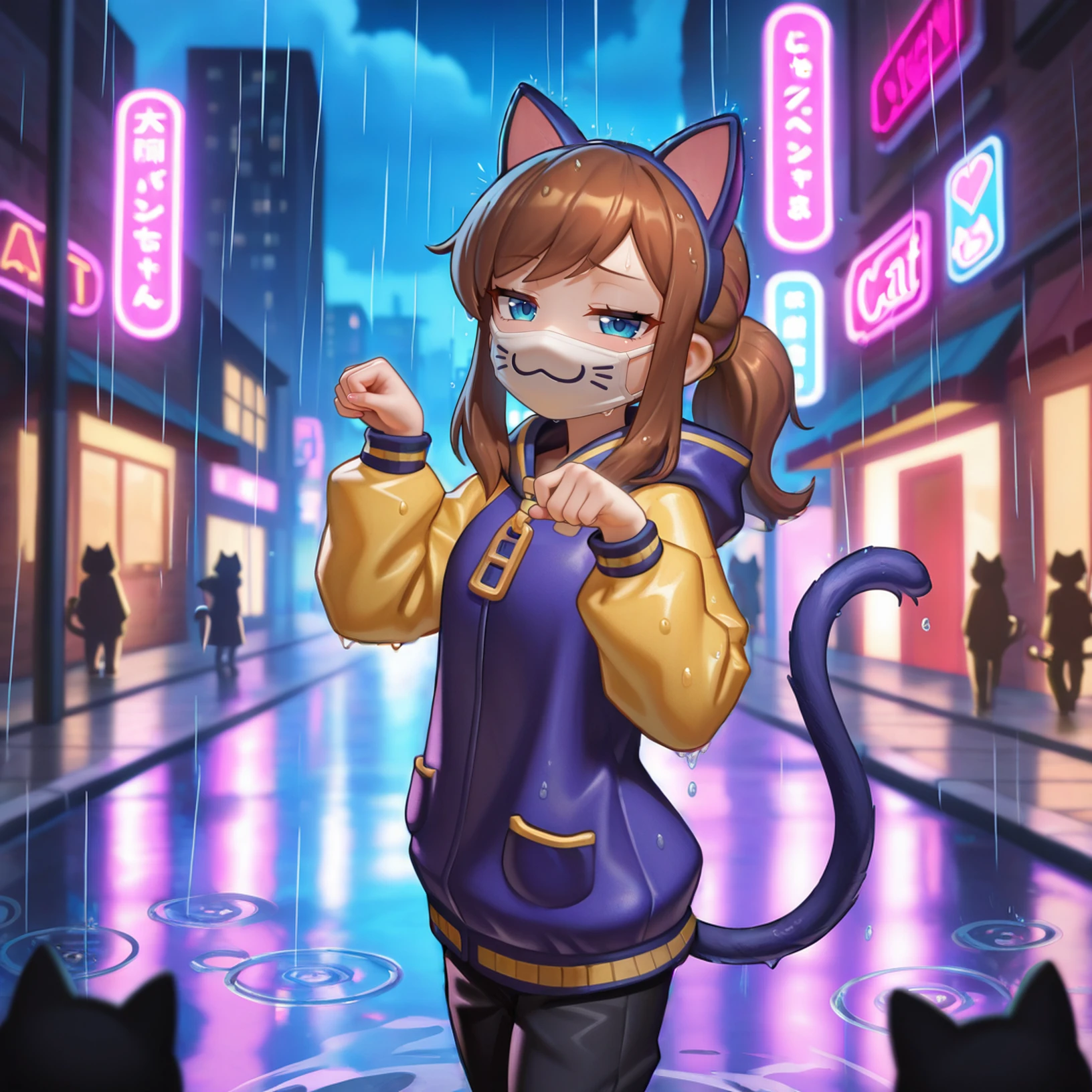 masterpiece,best quality,absurdres,highres,<lora:AHK:1>,
1girl,solo focus,ccgirl,brown hair,sidelocks,ponytail,blue eyes,
two-tone letterman jacket,yellow-purple letterman jacket,hooded jacket,animal ears headband,cat ears,cat tail,tail raised,cat mouth mask,white mask,zipper pull tab,full-length zipper,black pants,
looking at viewer,:3,smug,hands up,paw pose,night sky,cityscape,neon lights,depth of field,street,standing,cowboy shot,cloudy sky,rain,water drop,wet,