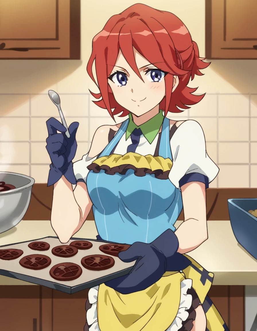 score_9, score_8_up, score_7_up, source_anime, <lora:kaname-buccaneer-s1-ponyxl-lora-nochekaiser:1>, kaname buccaneer, short hair, blue eyes, purple eyes, red hair, medium breasts, anime screencap, <lora:baking-cookies-ponyxl-lora-nochekaiser:1>, baking cookies, looking at viewer, blush, smile, gloves, holding, frills, food, indoors, apron, chocolate, cookie, oven mitts,, , cowboy shot, solo