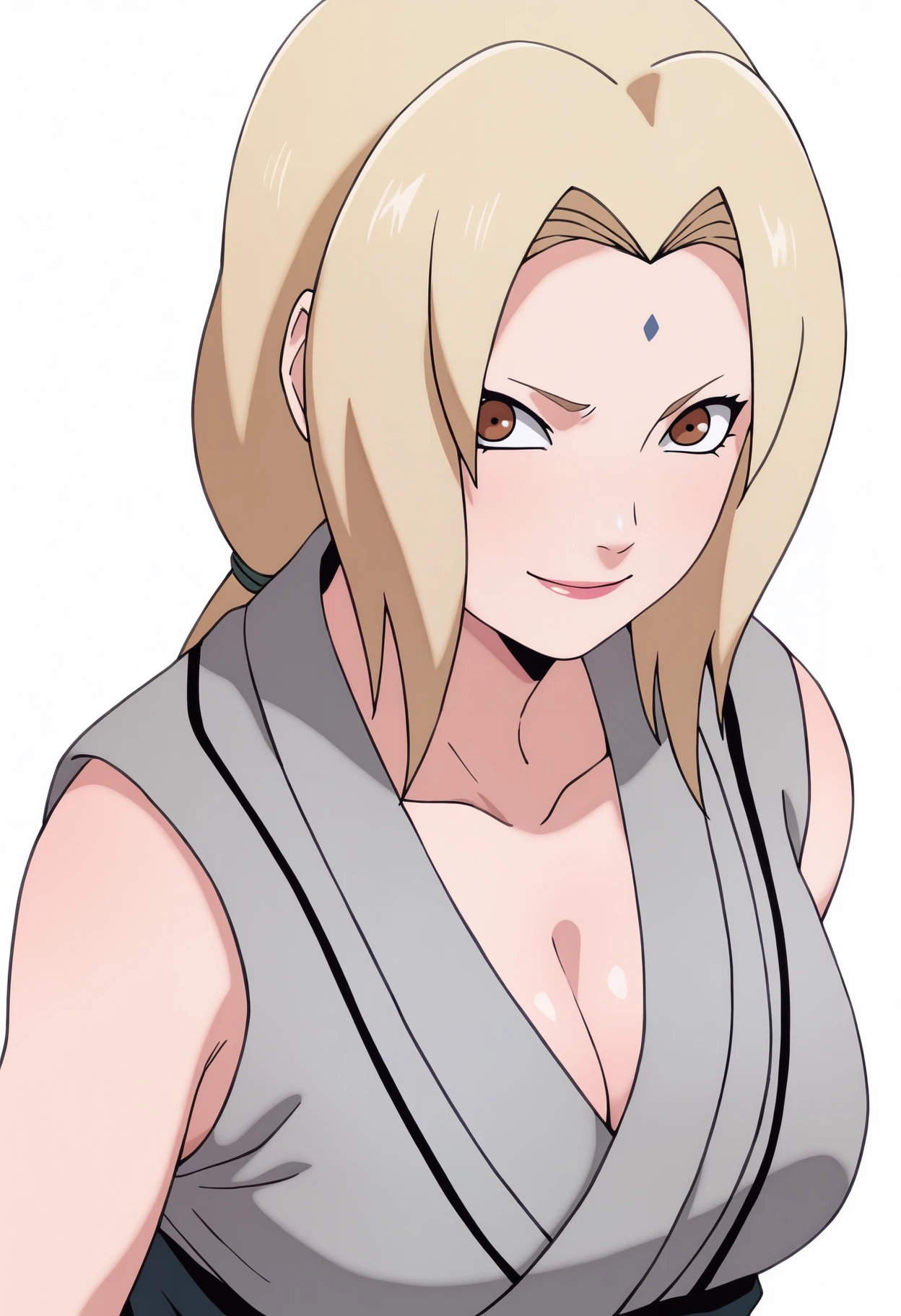 masterpiece, best quality, very aesthetic, absurdres,
1girl, tsunade, blonde hair, long hair, brown eyes,
forehead mark,
grey kimono, sleeveless, sash, collarbone, mature female,
large breasts, cleavage,
upper body,
looking at viewer, solo, smile, simple background, white background, <lora:TsunadeNoobXL_byKonan:1>