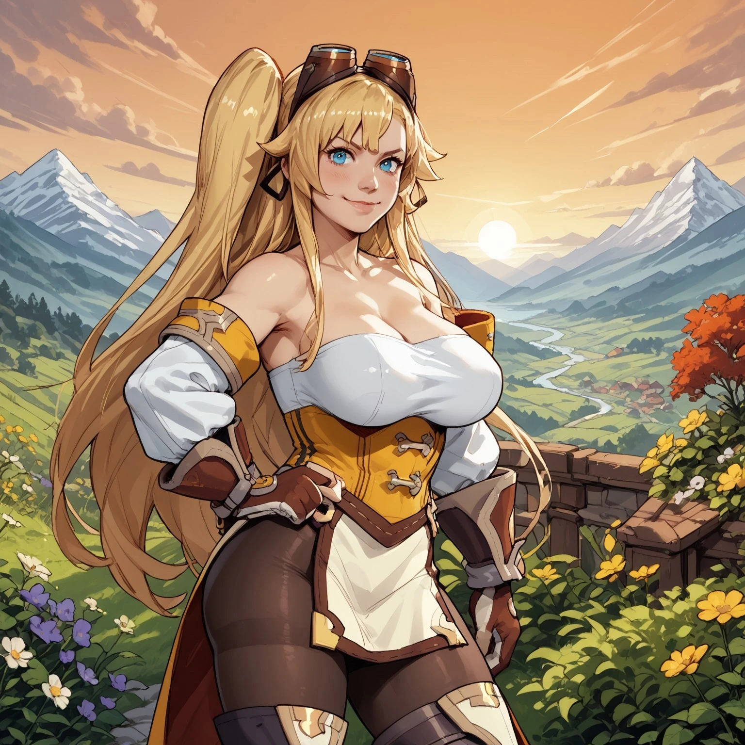 safe_pos, safe_pos, safe_pos, safe_pos, score_9, score_8_up, score_8, score_7_up, score_7, ExpressiveH,
BREAK
1girl, solo, Ramona (Dragalia Lost), long hair, ponytail, blonde hair, blue eyes, googles, googles on head, large breasts, cleavage, detached sleeves, corset, pantyhose, huge breasts, broad hips, thick thighs, looking at viewer, head tilt, seductive look, aroused, horny, standing, oiled skin, thumbs up, hand on hip, (ass, close-up, hips focus), looking at viewer, lips parted, blushing, mischievous smile
BREAK
garden, sunset, orange sky, purple sky, mountainous horizon