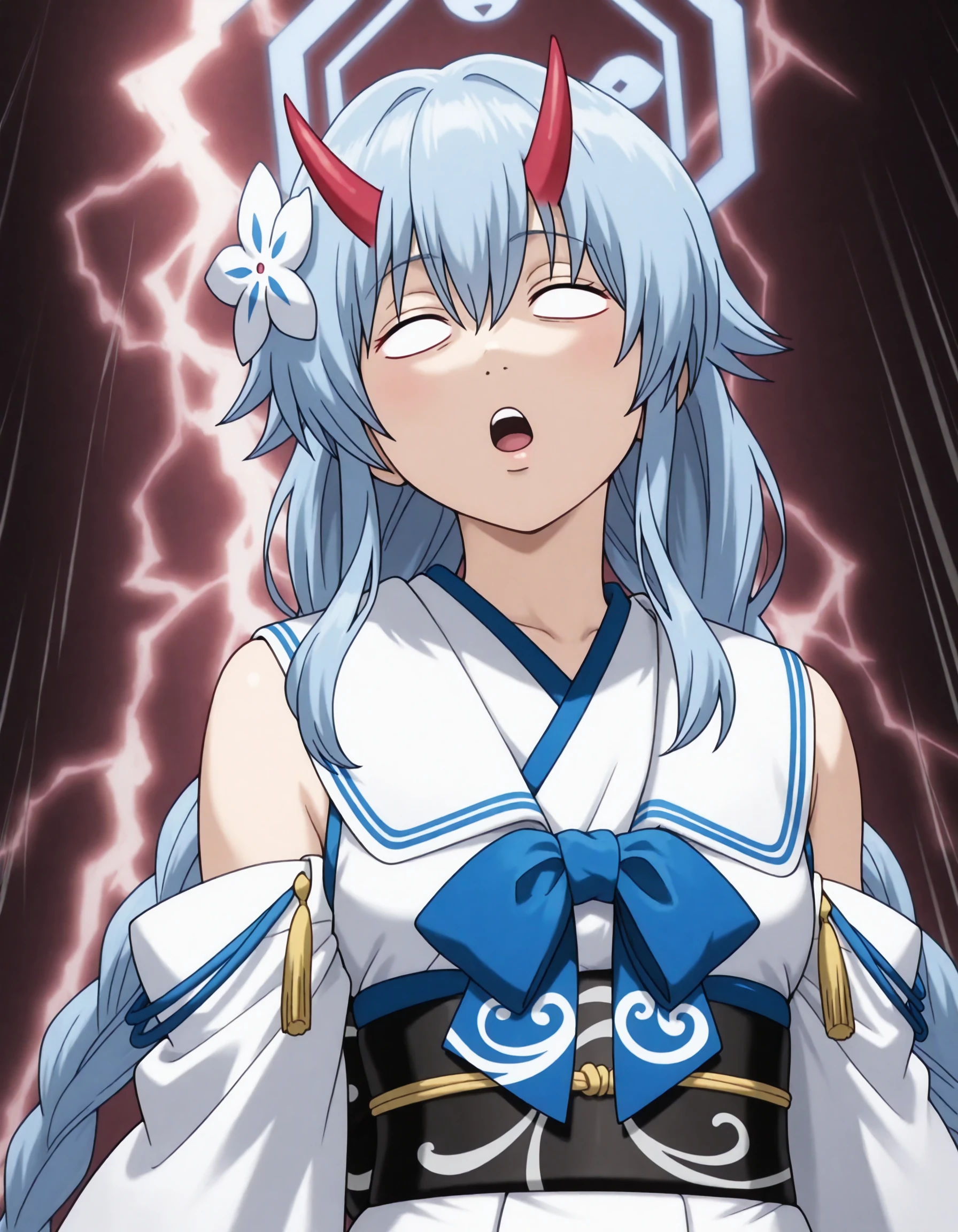 absurdres,highres,masterpiece,(impact lines:1.2),
1boy,aged up,muscular,solo,upper body,
<lora:gintama_funny_face_illustriousXL:1>,gintama_funny_face,blank eyes,open mouth,impact lines,lightning energy in the background,
BREAK <lora:Chise_BA_illuV01_b3g2c08:0.8>,Chise_BA,
blue hair,very long hair,twin braids,very long braids,sidelocks,hair between eyes,hair flower,white flower,red eyes,
red gradient oni horns,blue octagon halo,blue bowtie,print bowtie,
white sailor collar,blue trim on collar,blue lapels,japanese clothes,white kimono,detached sleeves,black bridal gauntlets,
white long sleeves,wide sleeves,layered sleeves,print sleeves,floral print,blue ribbon,
black obi,
black back bow,
white pleated skirt,yellow tassel,