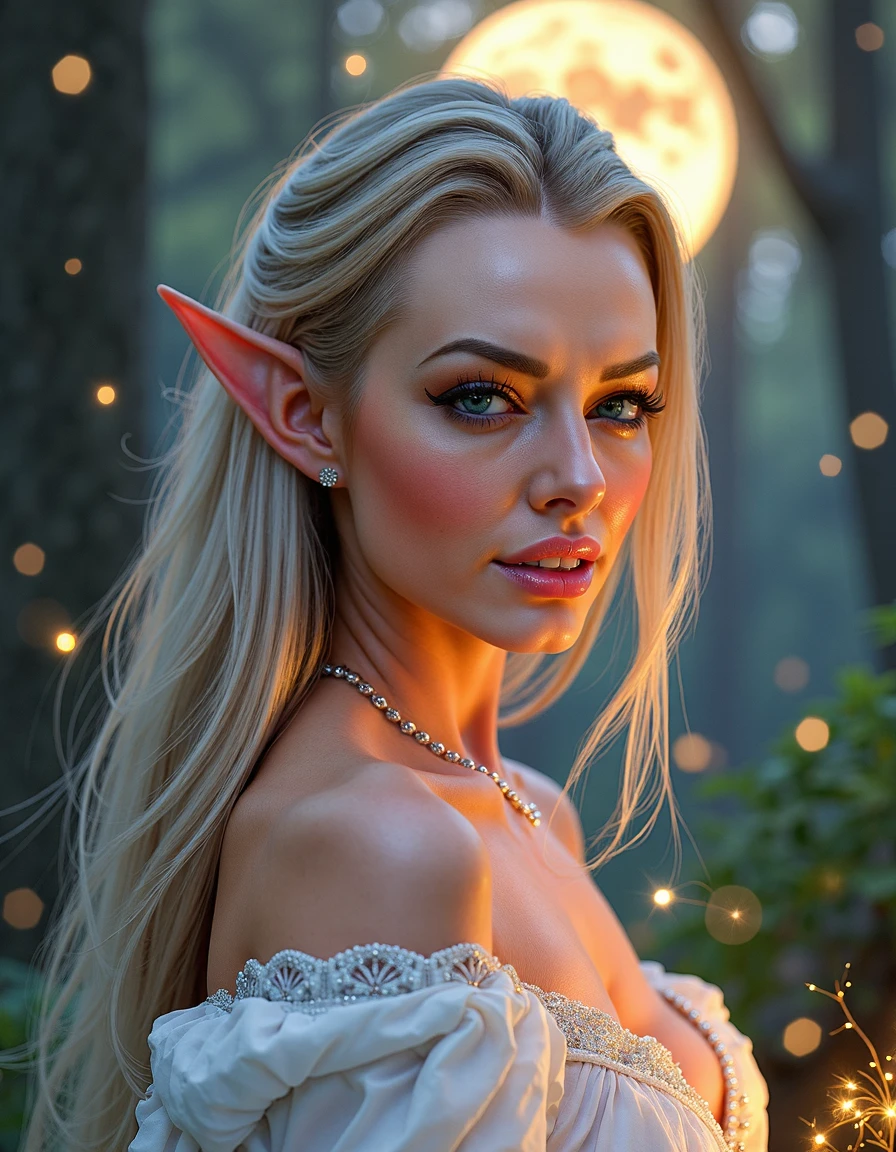 Create a realistic image, of a young Elf woman, very beautiful, wavy white hair, pointy ears, this stop, she is naked, he doesn&#39;t have clothes. (huge breasts: 1.20) And normal nipples. The background of the image is the interior of a wooden cabin.