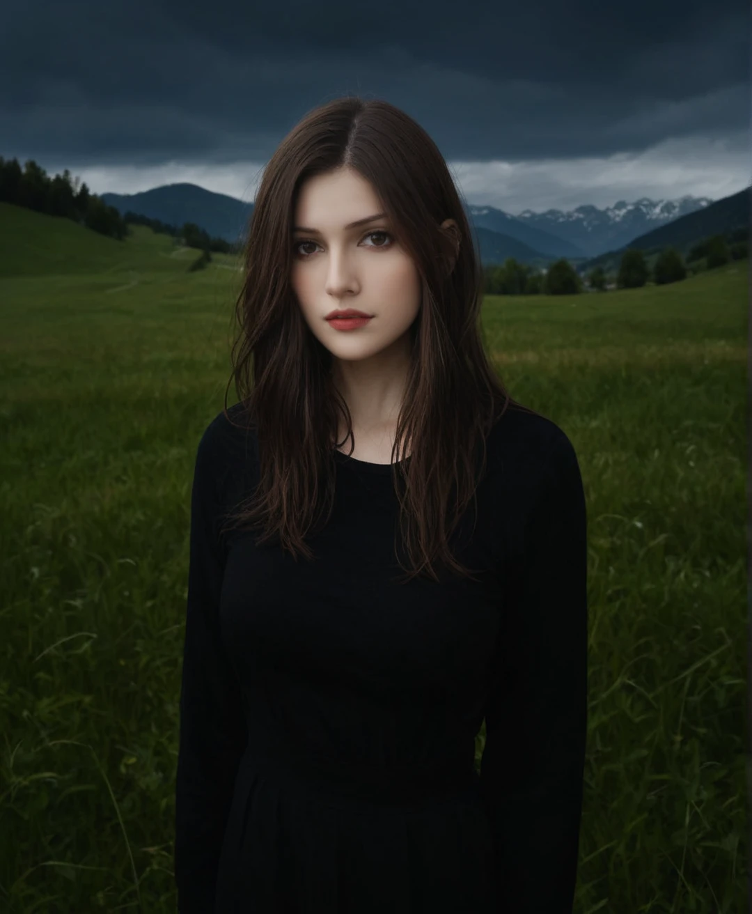 Leica Dark Style, Alexandra Daddario standing at Meadow Grassland at Switzerland valley, Nature photography <lora:Leica_q2_Style:1>