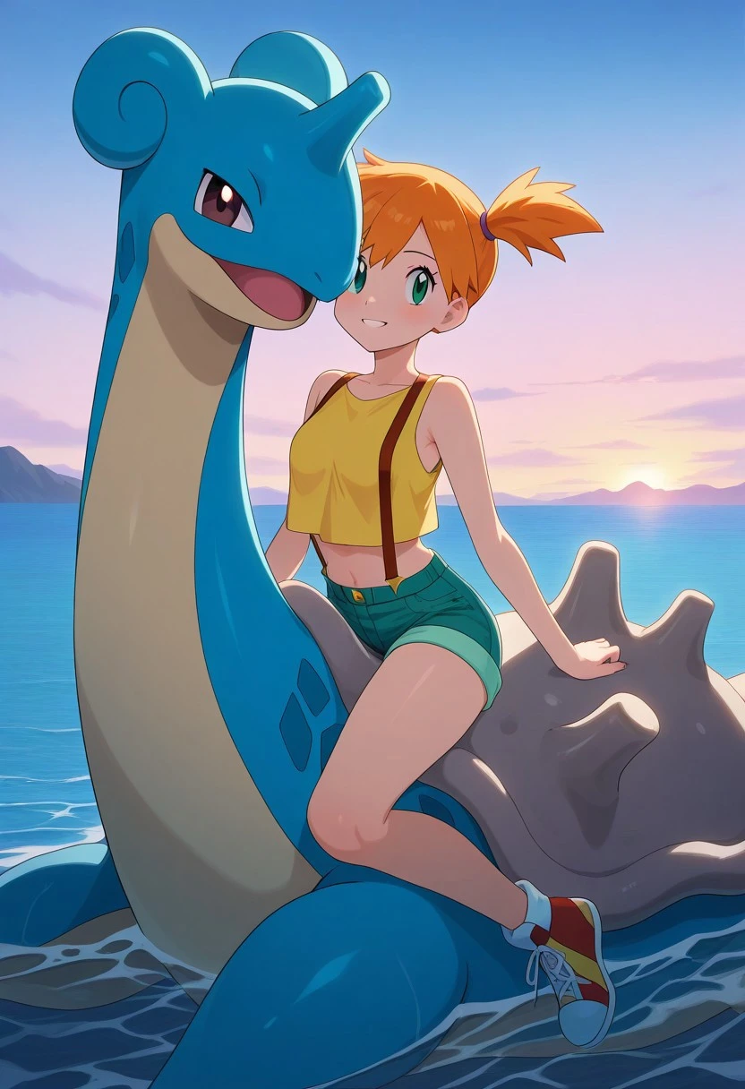 pokemon \(classic anime\), anime screencap,
best quality, masterpiece, amazing quality, very aesthetic, absurdres,
1girl,
giddyup,
lapras, pokemon \(creature\),
misty \(pokemon\),
looking at viewer,
outdoors, sea