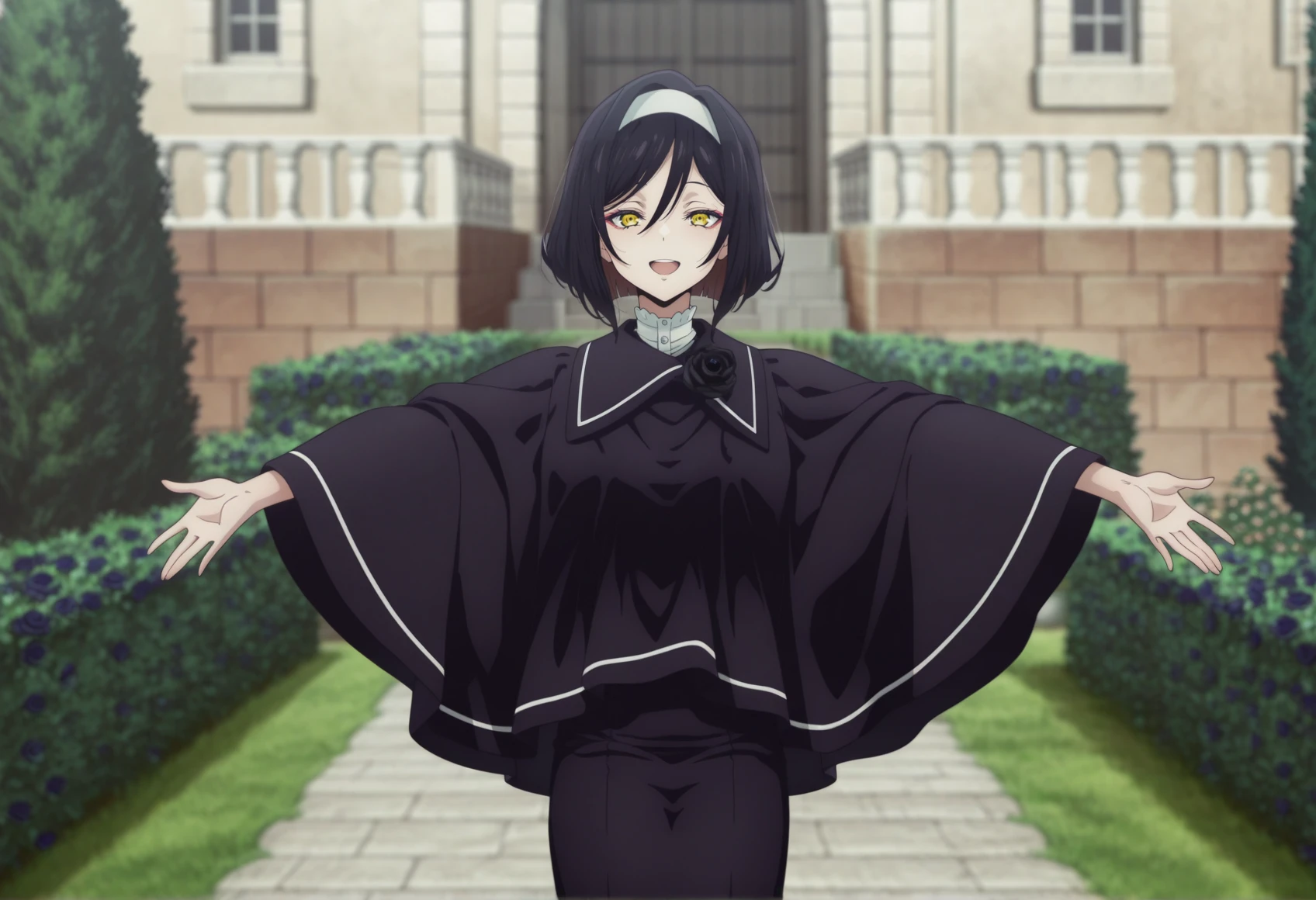anime screencap, anime screenshot, 1girl, solo, short hair, colored inner hair, yellow eyes, hairband, eyeliner, white blouse, rose, black poncho, outdoors, garden, smile, open mouth, outstretched arms, long skirt, cowboyshot, sunlight, <lora:Linaris_Ishura:1>, masterpiece, best quality, amazing quality, very aesthetic, absurdres, highres, newest