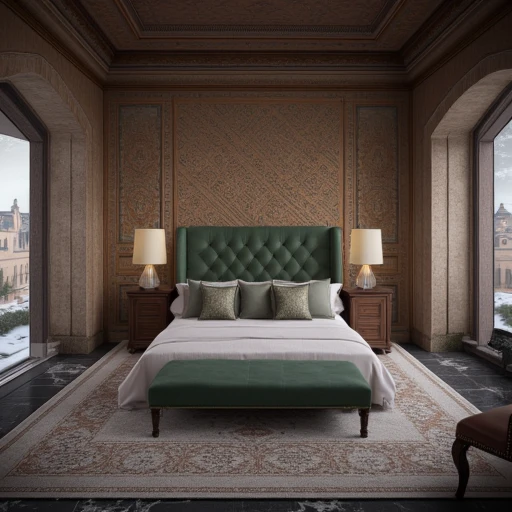 creating a cozy atmosphere. The walls are adorned with intricate geometric patterns in rich, dark marble floors and walls adorned with a subtle, snow-dusted roofs. The buildings on the left and right sides of the image are the main structures, intricately patterned rug beneath it., plush bed with a green upholstered headboard and a white, dark wooden floor, likely an old castle or monastery, creating an interesting visual texture.