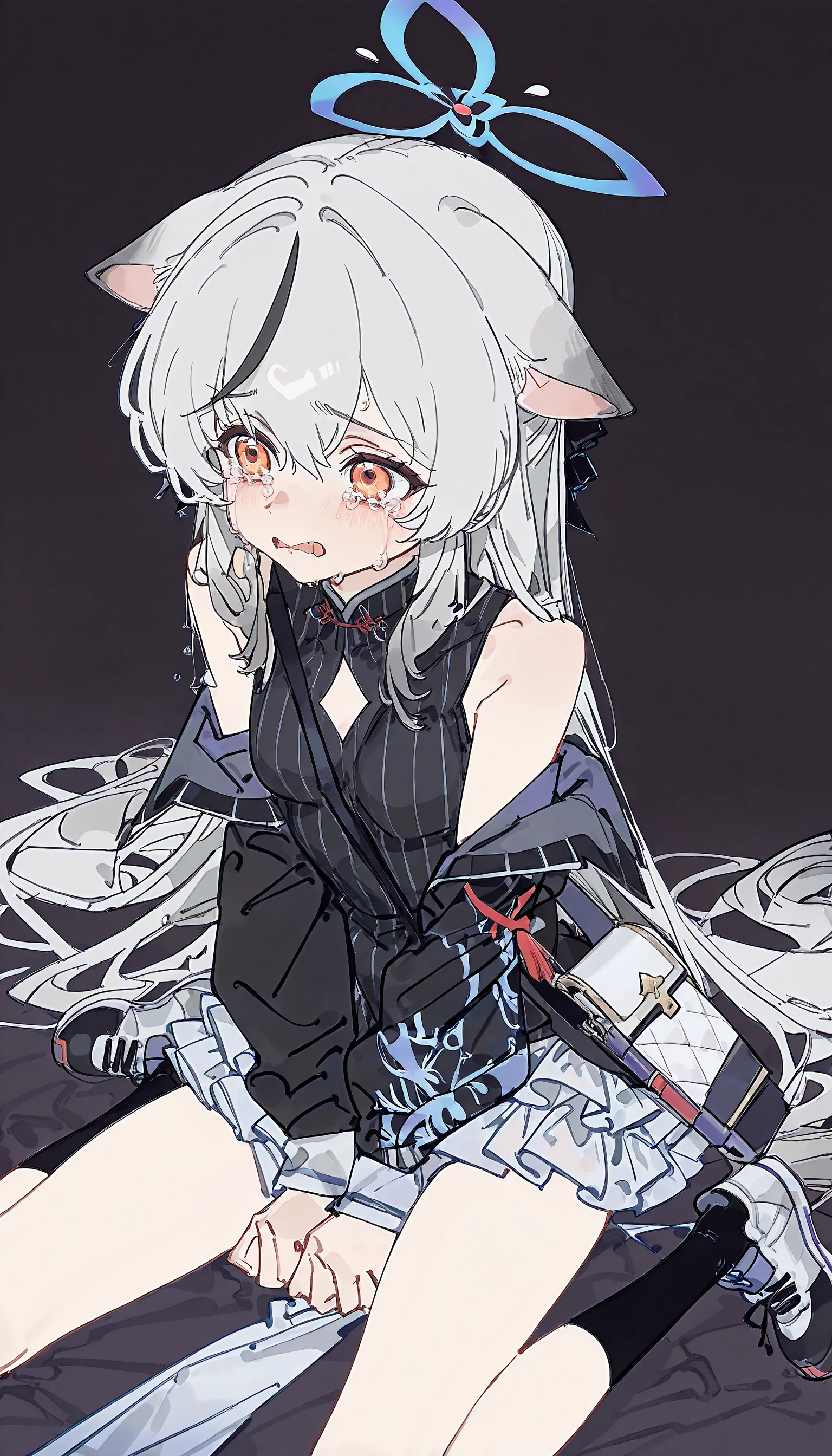 Best quality, hindquarters_Visible_Through_Thighs, In winter, Comic, Loli, Student, Long hair, White hair, hime_cut, cat hair ornament, Light blush, ahegao, Heart-shaped eyes, breasts out, moles on breast, Bare_Legs, No bra, fishnets pantyhose, Torn pantyhose, Skirt lift, Undressing, oral/,