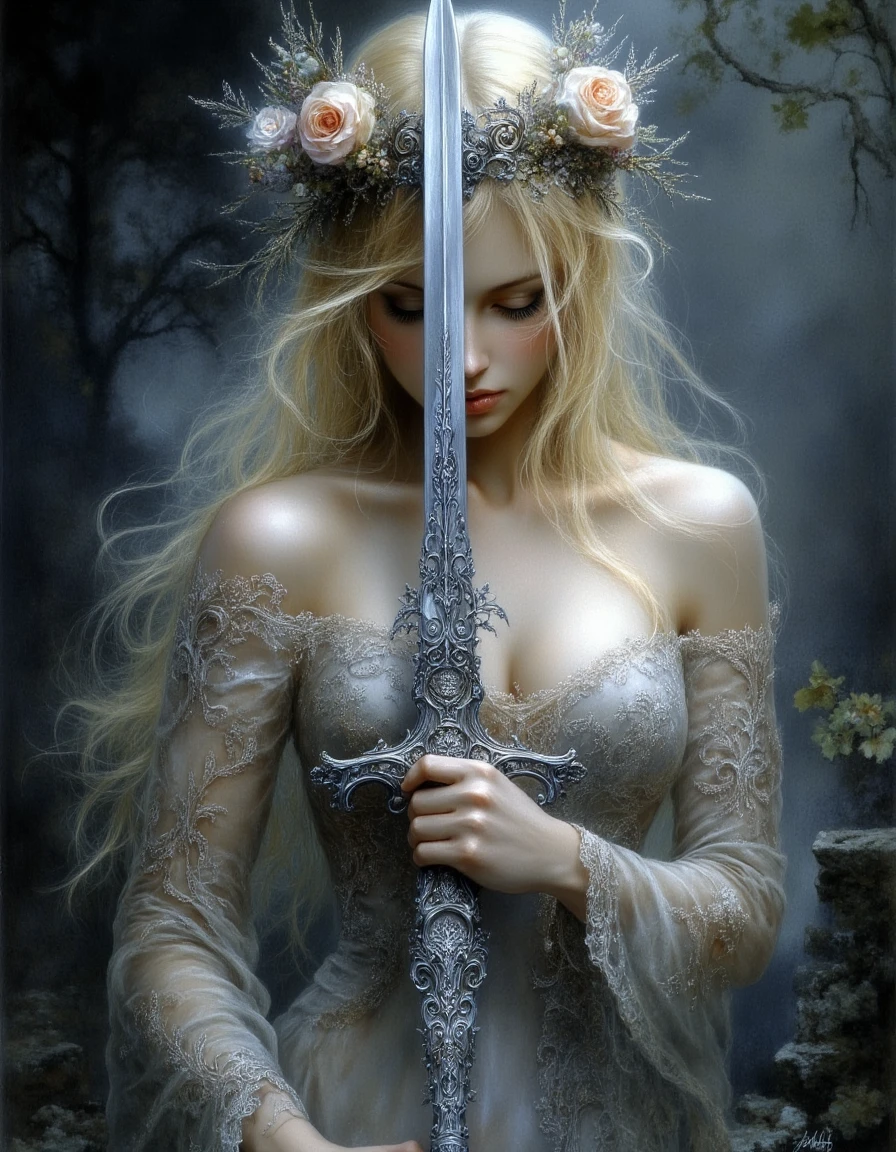 Ethereal Gothic Elegance, The image is a digital art piece that appears to be a fantasy or mystical scene. It features a woman with long blonde hair wearing a crown of flowers on her head holding a large sword with intricate designs on it. The sword is in the center of the image with the woman's face partially obscured by the sword. The background is dark and foggy with trees and rocks visible in the distance. The woman's expression is one of strength and power as if she is ready for battle. The overall mood of the piece is mystical and powerful., 1girl, weapon, sword, solo, long hair, closed eyes, blonde hair, flower, dress, tree