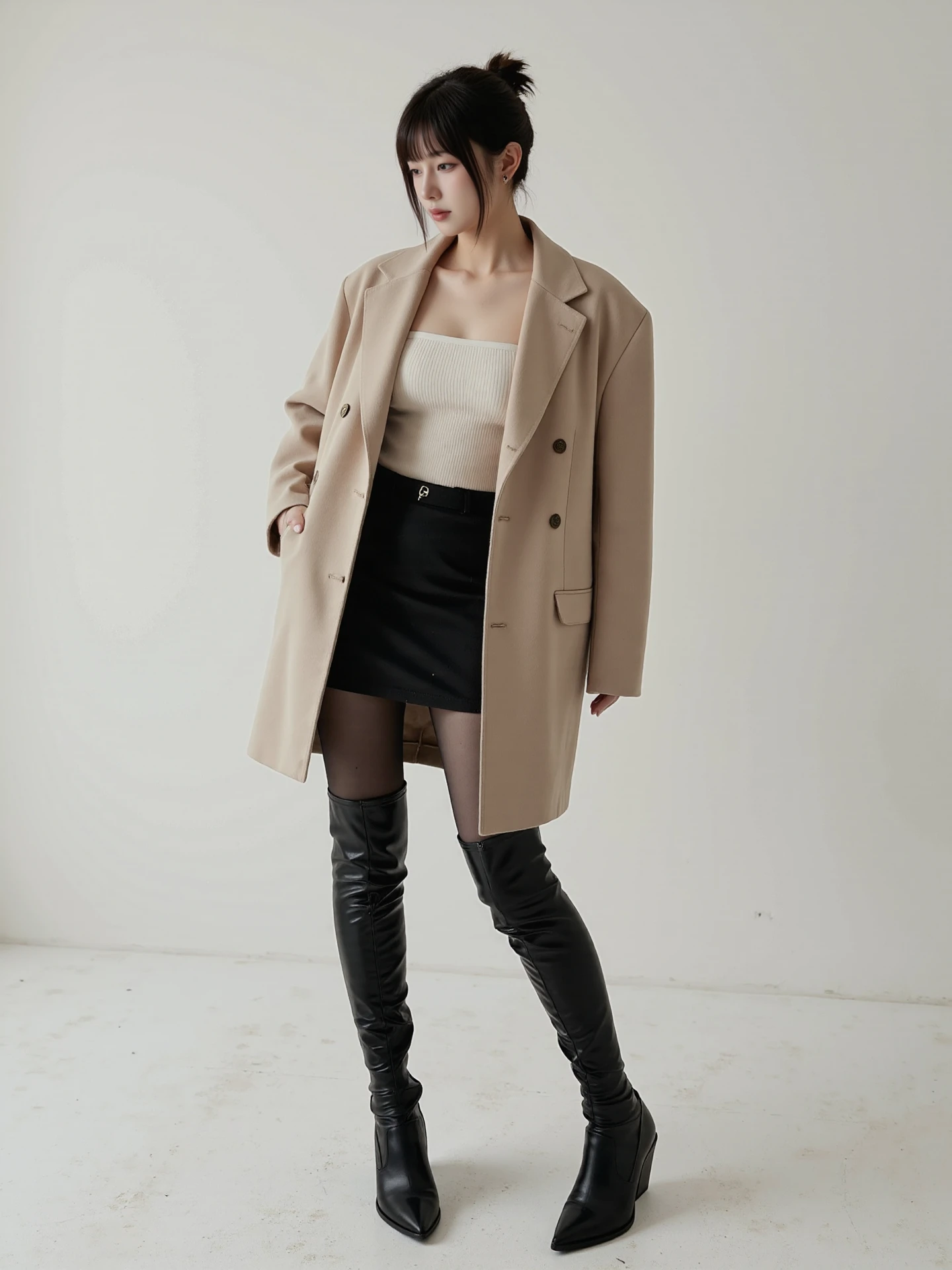full body shot,fullbody,wide shot,foot focus,this is a high-resolution photograph of a stylish 20-year-old asian girl who is stylish model standing posing in a studio.She is dressed in a classic beige coat,black mini skirt,black pantyhose,and thigh-high boots called zaracbb that are the focus of the picture.these glossy black leather boots are block heels,adding to their edgy,fetish-inspired aesthetic. She has long straight hair and blunt bangs,hime cut hairstyle.The background is simple,and the lighting is even.Realistic photography style,cinematic lighting,soft-focus background,warm and cool tone contrast.,she has a slender physique and a petite build,slightly rebellious vibe,dslr,studio lighting,high quality,light reflections,blood vessels,pale skin,detailed skin,The lighting is natural,casting soft shadows. The composition follows the rule of thirds,with the woman positioned slightly off-center. The overall aesthetic quality is very high,with a shallow depth of field emphasizing the subject., <lora:zaraflux:1>