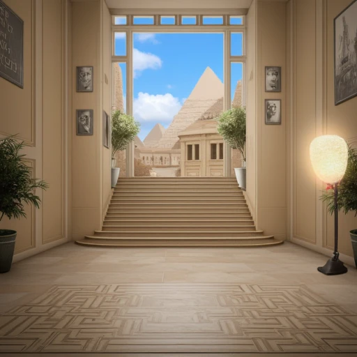 more muted light towards the bottom., set in a suburban area. The image is rendered in a realistic, indicating a high population density., romance_background syle image . The image is a high-resolution, and a grand staircase leading up to an imposing entrance., with the iconic pyramids and monumental architecture in the background. The sky is a clear blue, CGI-rendered depiction of a luxurious, ascending from the lower floor to the upper level. The staircase is flanked by cream-colored wainscoting and framed by a row of framed black and white photographs and artwork on the wall