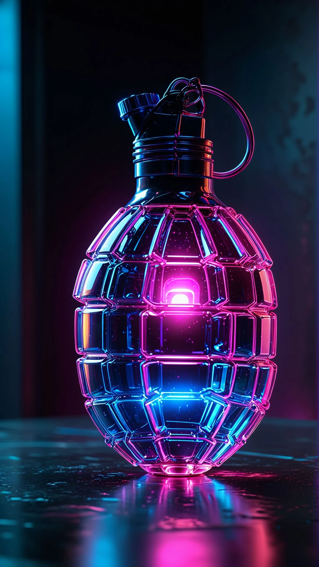 "A futuristic glass grenade with neon blue and pink reflections, resting on a metal surface, emitting a soft glow as if filled with liquid energy."
, aidmamj6, <lora:aidmaMJ6.1_v0.5_2:0.85>