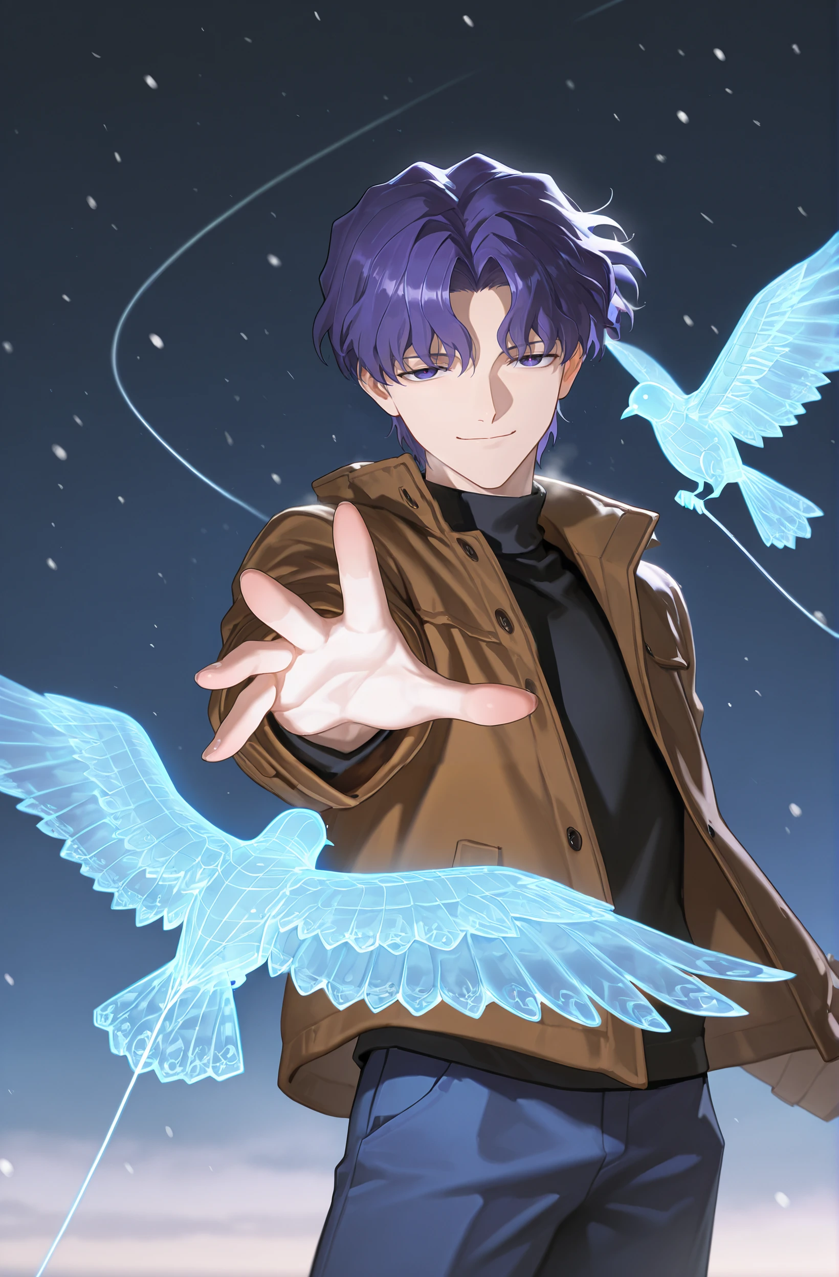masterpiece, best quality, amazing quality, very aesthetic, extremely beautiful, newest, absurdres, highres, HDR, 8K, high detail, detailed background, detailed anatomy,
1boy, solo, bishounen, matou shinji,
<lora:ChamMatouShinjiPonyXL:0.8> ShinjiHeaFee, purple eyes, purple hair, wavy hair, short hair, parted bangs, black turtleneck, brown jacket, open jacket, blue pants,
<lora:StringBirdIllustriousV1:1> string bird, creature, blue bird, glowing,
coat, cowboy shot, floating hair, looking at viewer, night, reaching out, scarf, skirt, sky, smile, snowing, star \\(sky\\), winter clothes