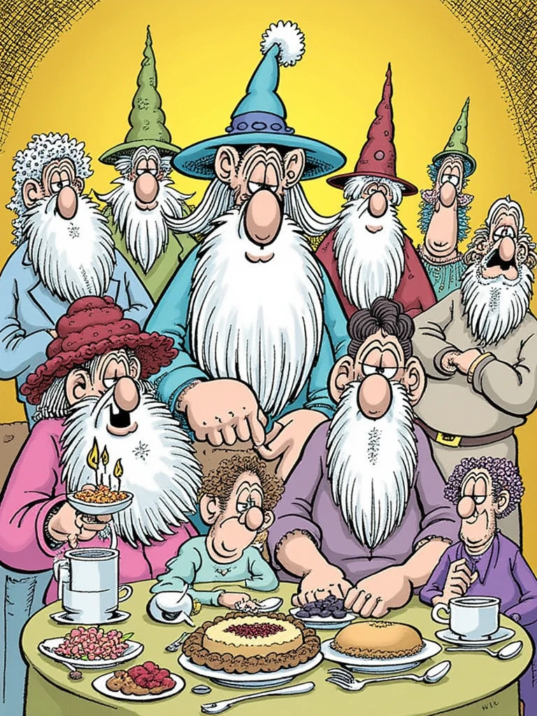 d0nm4rt1n. Whimsical cartoon illustration in the style of Don Martin, depicting Wizard Whitebeard's family reunion. A large family gathering consisting of several wizards in all ages, all with white beards.
