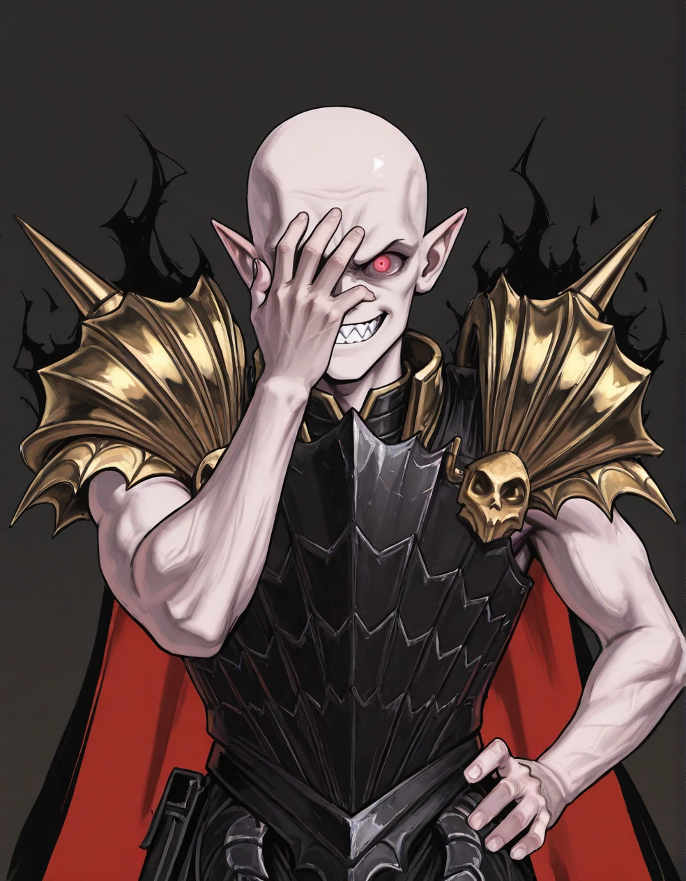 (2D,masterpiece,best quality,amazing quality,very aesthetic,high resolution,looking at viewer,ultra-detailed,1 boy,solo,source_anime,cute,lovely,Simple black background),Mannfred von Carstein,vampire,bare arms,armor,gold shoulder armor,cape,black aura,bald,pale skin,glowing red eyes,short_pointy_ears,spike,fang,facepalm,grin,one hand on hip,Sharp Teeth,<lora:Mannfred_von_Carstein:1>, <lora:ValbunStyle-IL:0.5>