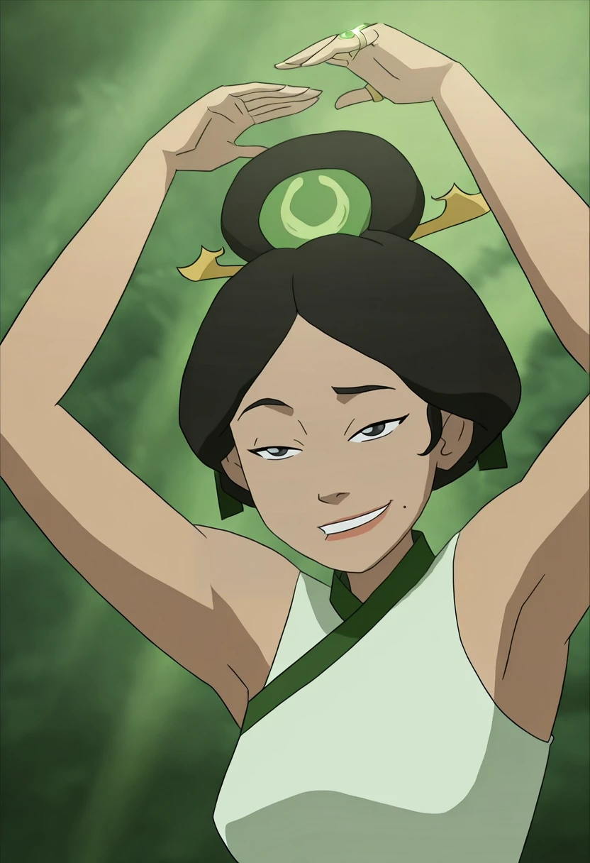 In the Avatar Animation style, 1girl, ring girl, solo, smile, black hair, hair ornament, dress, sleeveless, armpits, mole, arms up, sleeveless dress, parody, mole under mouth,
<lora:Avatar-Anime-Style2:1>,