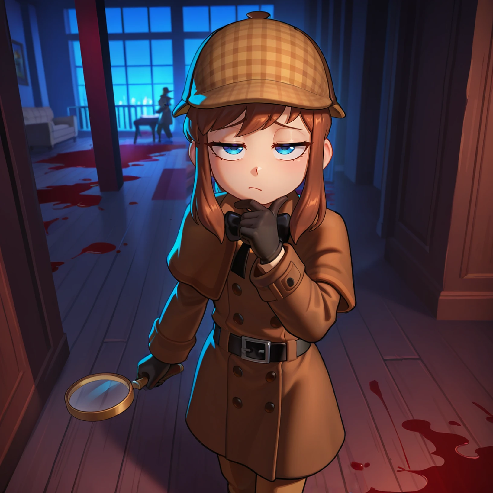 masterpiece,best quality,absurdres,highres,<lora:AHK:1>,
1girl,solo focus,ccgirl,brown hair,sidelocks,ponytail,blue eyes,
deerstalker,brown capelet,brown coat,trench coat,black belt,black gloves,brown pants,black bowtie,
looking at viewer,raised eyebrows,thinking,hand up,holding magnifying glass,half-closed eyes,hand on own chin,
indoors,living room,night,blood on the floor,crime scene,fire place,