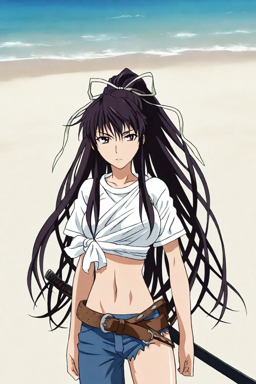 <lora:kanzaki_kaori_illustriousXL-000015:1>, kanzaki kaori, brown eyes, ponytail, black hair, very long hair, , white shirt, tied shirt, midriff, hair ribbon, brown belt,  single pantsleg, navel, asymmetrical clothes,  jeans, white ribbon, asymmetrical legwear, , weapon,  beach, sand, sea, 1girl, solo, alone, masterpiece, highres,