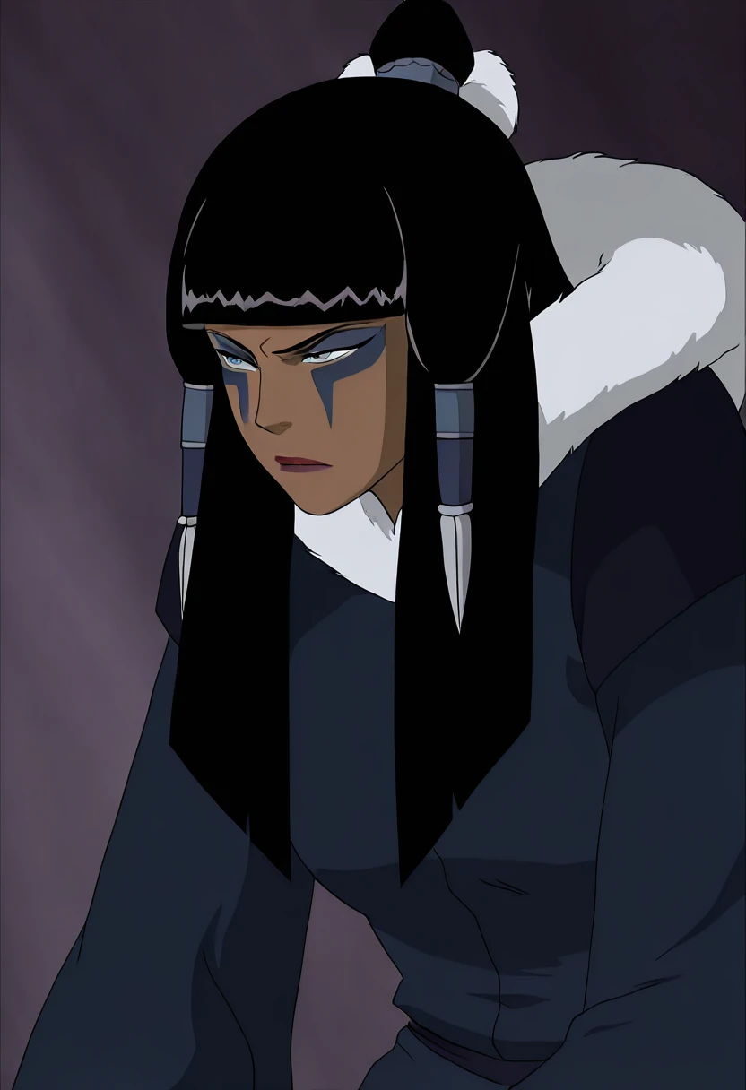 In the Avatar Animation style, 1girl, beautiful Eska, solo, long hair, bangs, black hair, dark skin, blunt bangs, dark-skinned female, coat, fur trim, hair tubes, hair ornament, makeup, facepaint
<lora:Avatar-Anime-Style2:1>,