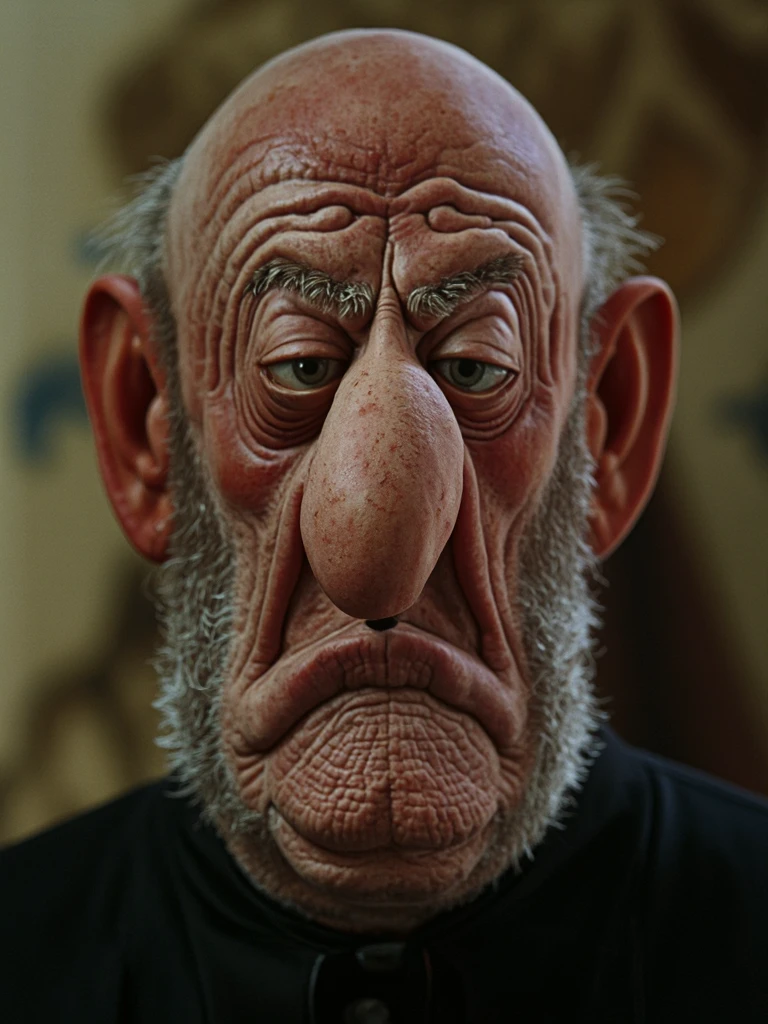 Surreal cinematic photograph. Candid portrait of a Emperor Palpatine man with a large bulbous nose and exaggerated features. Shot on 35mm analog film. Subtle film grain. Natural and soft lightning, blurred bokeh background. Detailed skin texture. d0nm4rt1n. Photo in the style of Don Martin