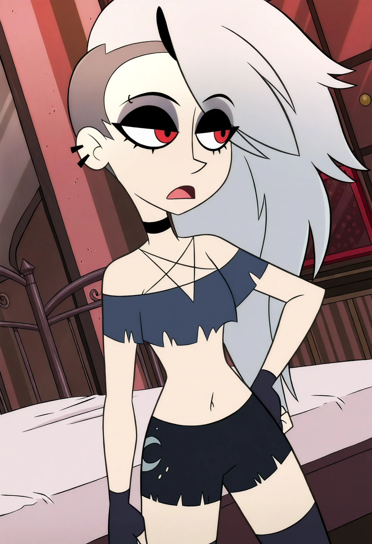 score_9, score_8_up, score_7_up, score_6_up, score_5_up, 1girl, hekapoo, lace red bra, lace thong, smiling, hand on hip, hand behind head, svtfoe style,