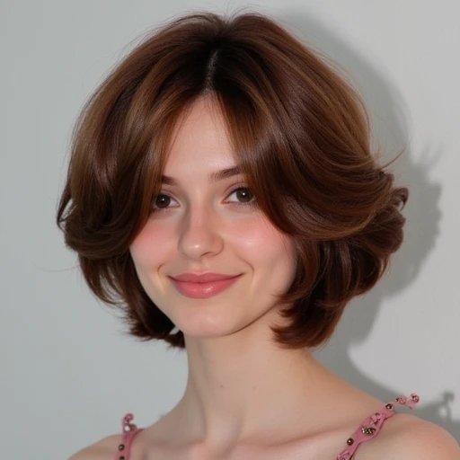 a cute woman with short brown hair in a bob style. thick and voluminous with amazing shine. she has a slender body with a beautiful cute smile.