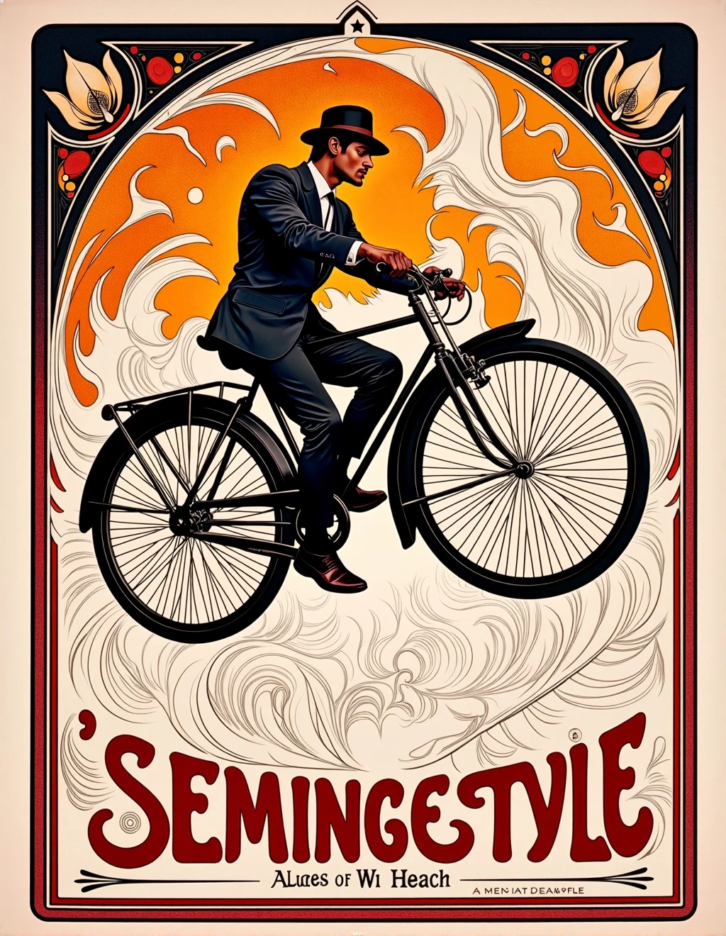 <lora:AlphonseMuchaStyle:1> Alphonse Mucha Style, An advertisement for a premium bicycle, showcasing a gentleman rider amidst a backdrop of swirling designs and floral motifs. The composition emphasizes the sleek lines and craftsmanship of the bicycle, reflecting the innovation and style of the product in a Mucha-inspired design. The use of dynamic lines and harmonious colors enhances the energetic feel of the advertisement.