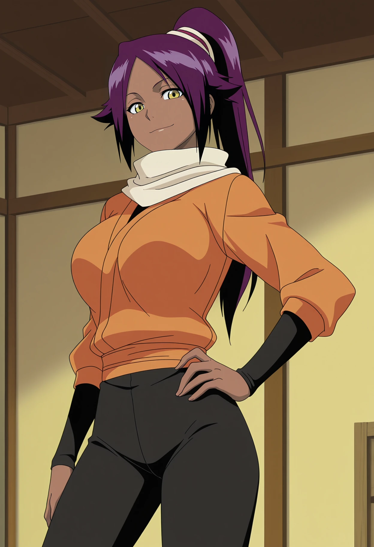 1girl,solo,mm,mature female,dark-skinned female,purple hair,yellow eyes,long hair,ponytail,large breasts,anime coloring,
orange jacket,pants,scarf,hand on own hip, looking at viewer, smile, indoors,
,masterpiece,best quality,amazing quality,<lora:Yoruichi_Shihouin-Bleach:0.8>