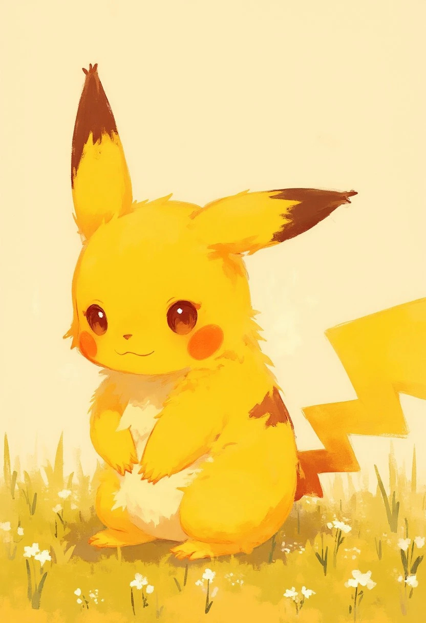 Cute chubby Pikachu in the grass with small white flowers,soft pastel anime