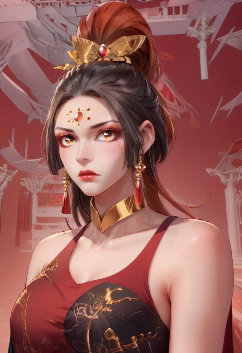 realistic, red and gold accents, high-slit, sleeveless, arm-length black gloves with gold trim, thigh-high black stockings with ornate golden details, golden choker necklace, red gemstone earrings, hair tied up with a silver bow accessory, wuxia and fantasy, ancient china, Peacock, detail face, detail hand