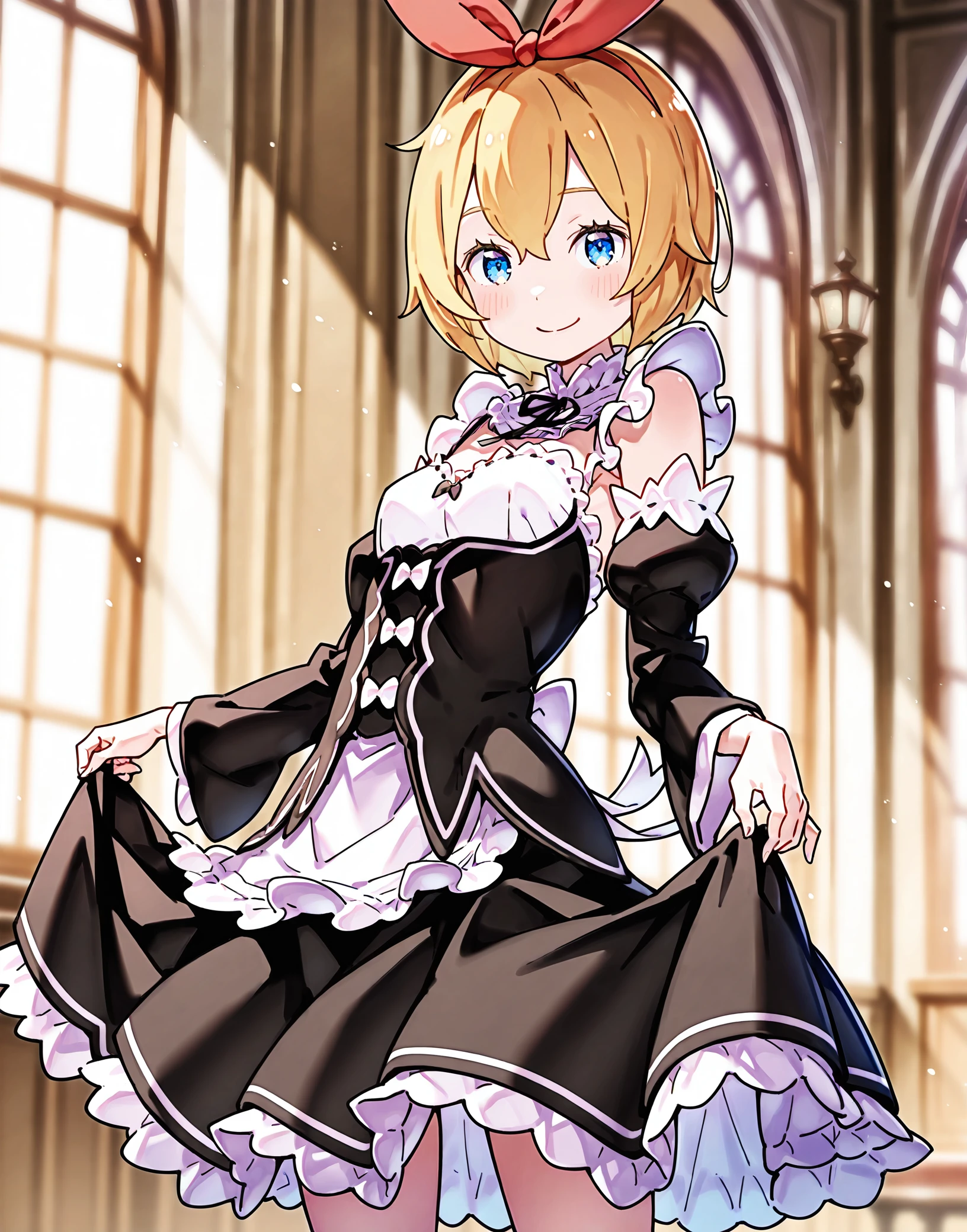 masterpiece, perfect quality, best quality, absolutely eye-catching, absurdres, highres, newest, <lora:ootsukashinichiroustyleIllustriousXL:1>, 1girl, petra leyte, roswaal mansion maid uniform, smile, solo, cowboy shot,