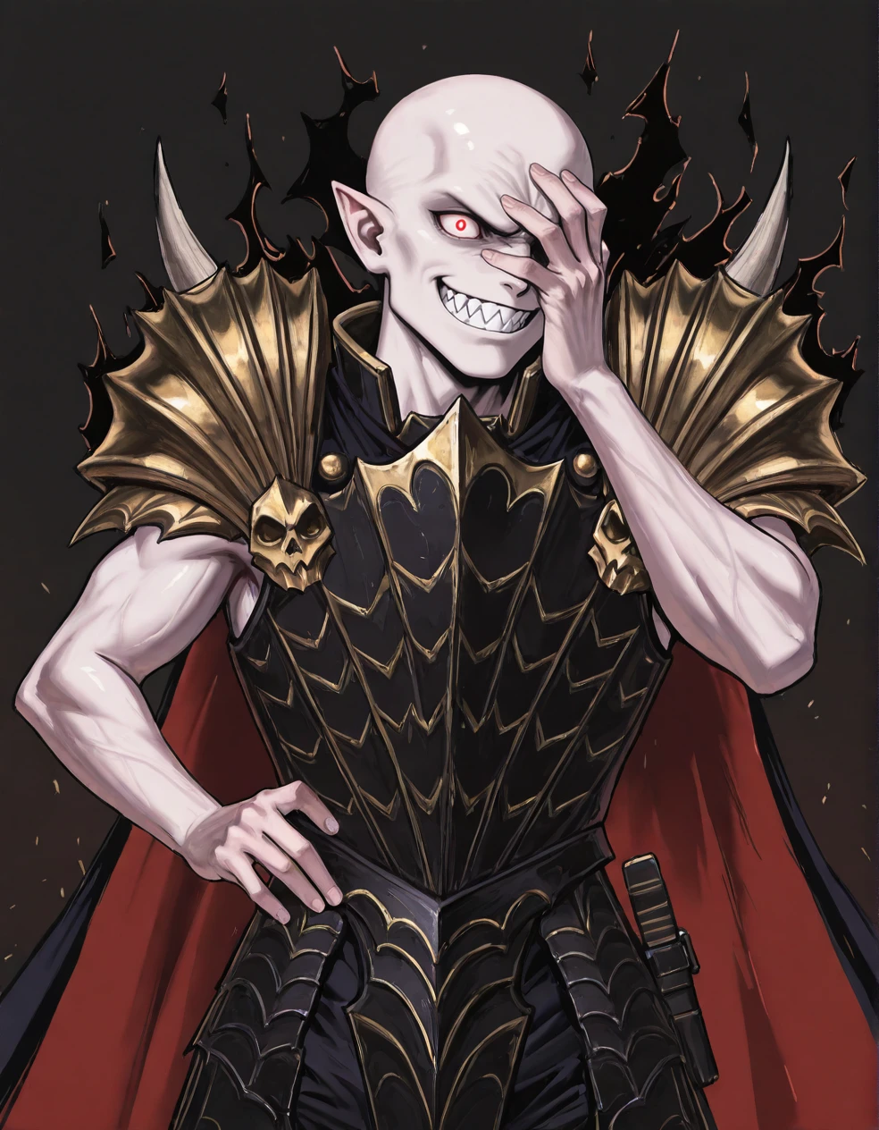 (2D,masterpiece,best quality,amazing quality,very aesthetic,high resolution,looking at viewer,ultra-detailed,1 boy,solo,source_anime,cute,lovely,Simple black background),Mannfred von Carstein,vampire,bare arms,armor,gold shoulder armor,cape,black aura,bald,pale skin,glowing red eyes,short_pointy_ears,spike,fang,facepalm,grin,one hand on hip,Sharp Teeth,<lora:Mannfred_von_Carstein:1>, <lora:ValbunStyle-IL:0.5>