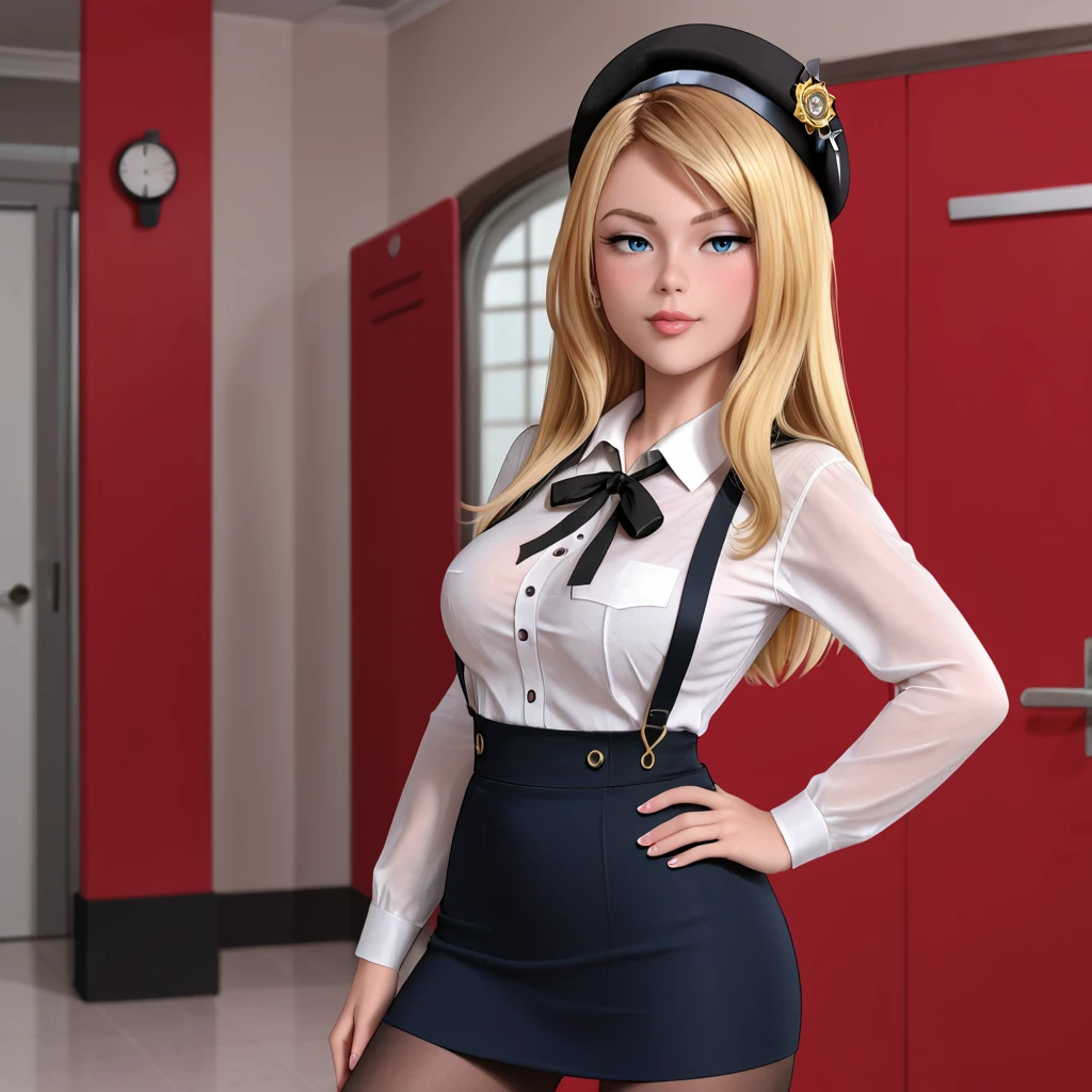 <lora:OfficerJaffe_pony_v1:.8> OfficerJaffeScoob, 1girl, blonde hair, blue eyes, long hair, lips, breasts, cowboy shot, <lora:0902 Home wear 5_v1_pony:1> ruanyi0902,beret,black ribbon,collared shirt,black pantyhose,high-waist skirt,white shirt,suspenders