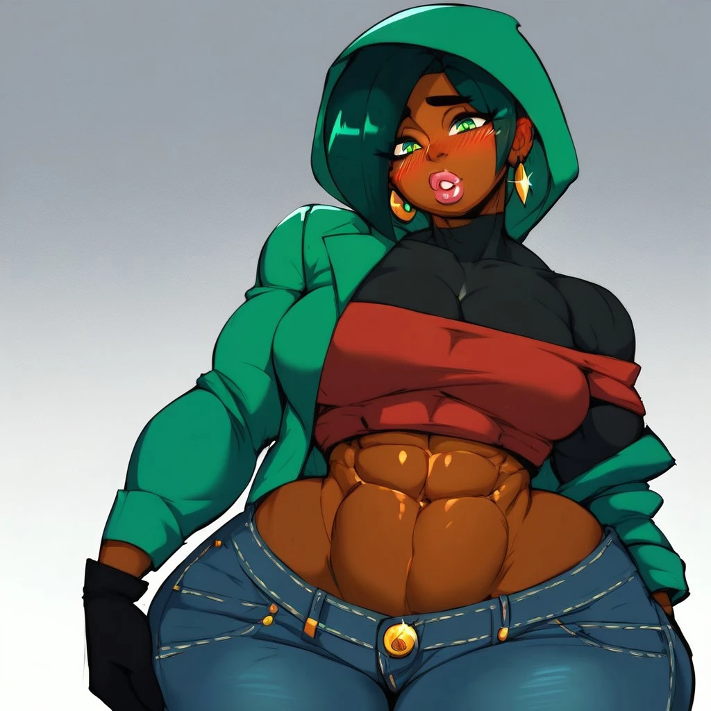 (solo:1.1),(masterpiece), (best quality:1.3), highly detailed, intricate, professional art, digital art, absurdres, emerald sustrai, futanari emerald sustrai wearing a crop-top detached sleeves and high-waisted-dark-green-pants with sandals posing indoors, 1girl, solo, (dark skin:1.4), green hair, bob hair, smirk, gold hoop earrings, ab lines, detailed stomach, red eye colour, dark skin, small breasts, nipple bulge, (aroused:1.2), (futanari:1.1), wide hips, large penis, thick penis, veiny penis, huge testicles, (black makeup 1:1), (Black lipstick:1.3), beestung lips, penis bulge under clothes,(penis hidden by clothing:1.4), crotch bulge, testicle bulge between thighs, furniture, frontal view, universal lighting