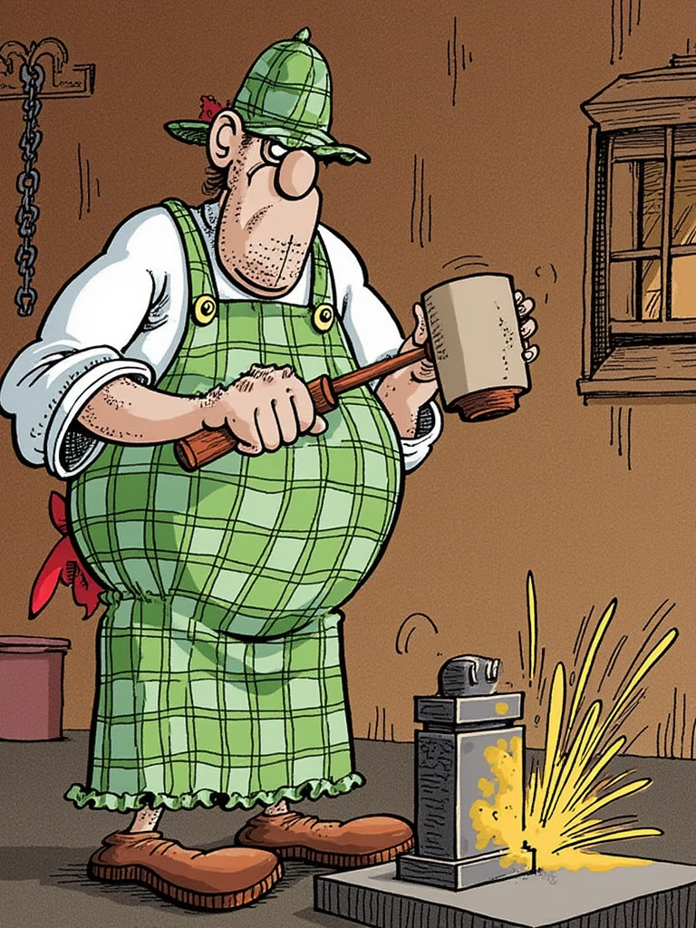 d0nm4rt1n. Whimsical cartoon illustration in the style of Don Martin comics. A blacksmith in a workshop. The blacksmith, wearing a green and white checkered apron and hat, wields a large hammer to precisely cut a piece of metal. Sparks fly from the hammer, indicating the blacksmith is in the process of creating the metal. The background is a rustic wooden wall with a hanging chain and a window. The color palette consists primarily of earthy browns, greens, and reds, creating a somber and intense atmosphere.