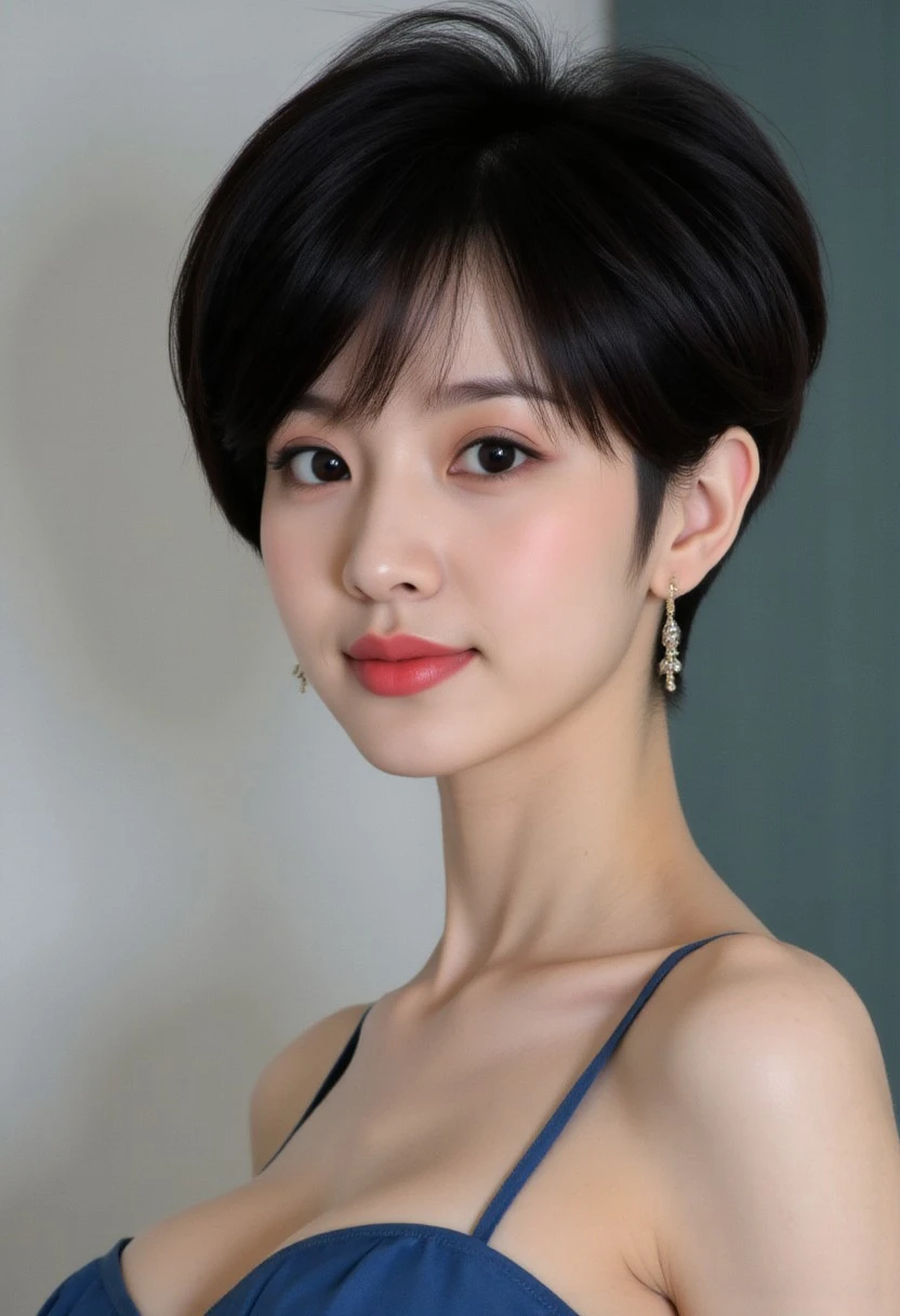 a tall asian woman with an athletic body. she has a pixie haircut with a lot of hair volume. side view. black hair. amazing hair texture. gorgeous perfect smile, tiny waist. shiny perfect texture. massive breasts, cleavage