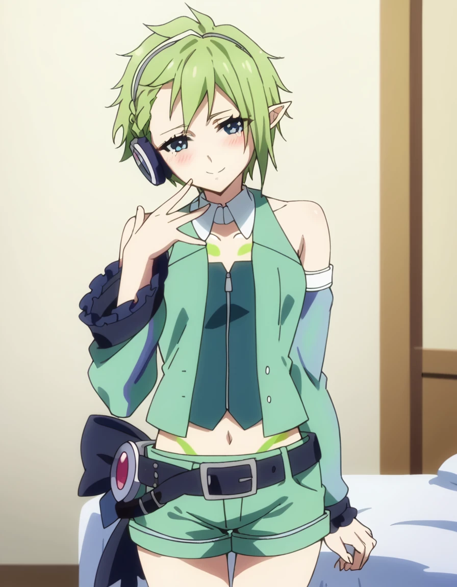 score_9, score_8_up, score_7_up, source_anime, <lora:reina-prowler-s1-ponyxl-lora-nochekaiser:1>, reina prowler, short hair, green hair, blue eyes, pointy ears, mature female, small breasts, anime screencap, navel, detached sleeves, shorts, midriff, belt, headphones, green shorts, hospital room, bedside, get well flowers, comforting, quiet, , <lora:sidetail-miku-noodle-stopper-ponyxl-lora-nochekaiser:1> sidetail miku noodle stopper, sidetail miku noodle stopper (meme), meme, side ponytail, hand up, blush, smile, bed room,, cowboy shot, looking at viewer,, looking at viewer, solo,, cowboy shot, solo