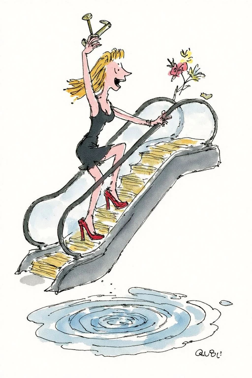 qub1 illustration.
a woman in a chic little black dress and vibrant red high heels, gracefully descending an escalator. She wears black lipstick and is screaming. Her attire exudes elegance and sophistication, with the red heels providing a bold pop of color against the classic black dress. The escalator itself, typically found in a mall or airport, leads downwards into an unexpected and dreamlike destinationâ -- pool of rippling water. The water is blue and ripples as the escalator's steps disappear beneath the surface. The woman's posture is poised and confident, as she seems unperturbed by the unusual surroundings. The overall atmosphere is a blend of high fashion and surreal fantasy, capturing a moment that is both elegant and otherworldly, <lora:qub1_cap_d6a3e12:1.0><lora:826986005983868736:0>