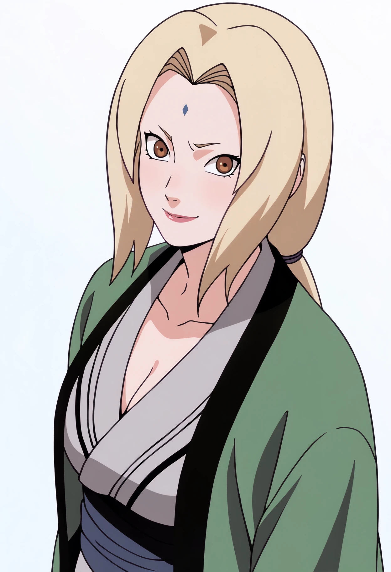 masterpiece, best quality, very aesthetic, absurdres,
1girl, tsunade, blonde hair, long hair, brown eyes,
forehead mark,
haori, grey kimono, sash, collarbone, mature female,
large breasts, cleavage,
upper body,
looking at viewer, solo, smile, simple background, white background, <lora:TsunadeNoobXL_byKonan:1>
