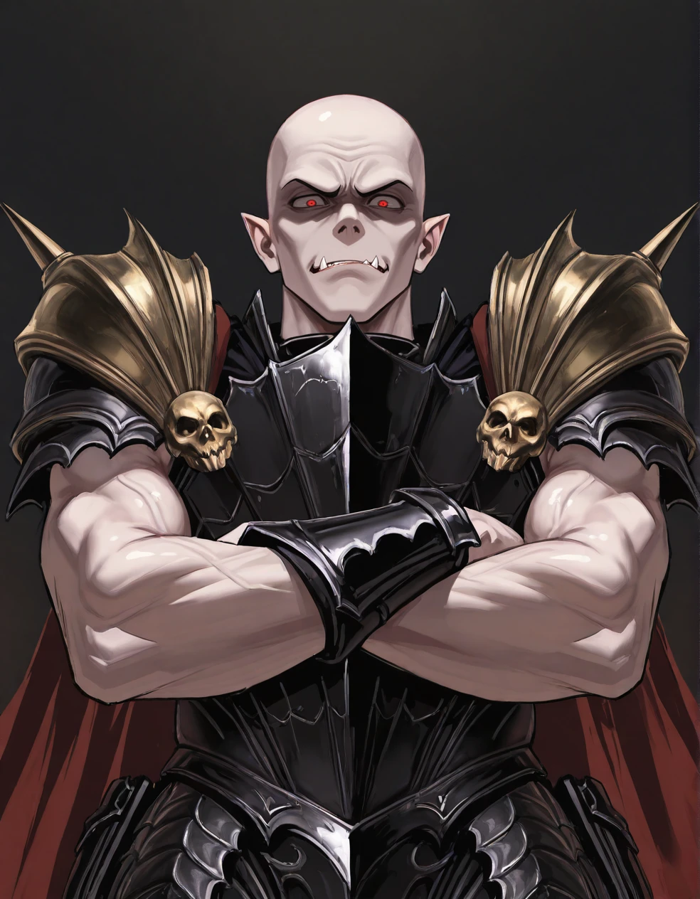 (2D,masterpiece,best quality,amazing quality,very aesthetic,high resolution,looking at viewer,ultra-detailed,1 boy,solo,source_anime,cute,lovely,Simple black background),Mannfred von Carstein,vampire,armor,shoulder armor,cape,greaves,bald,pale skin,red eyes,short_pointy_ears,spike,muscular,crossed arms,low angle,shaded face,scornful face, disgust, disgusted face,out fang,<lora:Mannfred_von_Carstein:1>