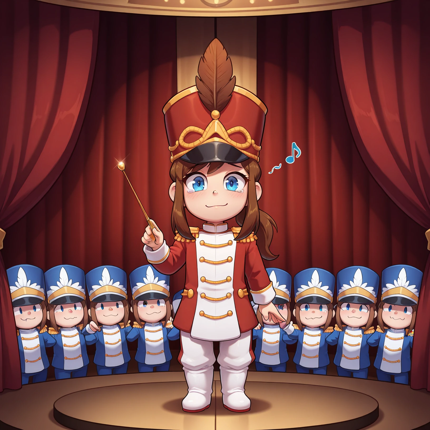 masterpiece,best quality,absurdres,highres,<lora:AHK:1>,
1girl,solo focus,ccgirl,brown hair,sidelocks,ponytail,blue eyes,
shako cap,epaulettes,hat feather,jacket,band uniform,
holding conductor baton, hand up, musical note, looking at viewer, smile, closed mouth, tearing up, on stage, conductor baton, standing, curtains, theater,