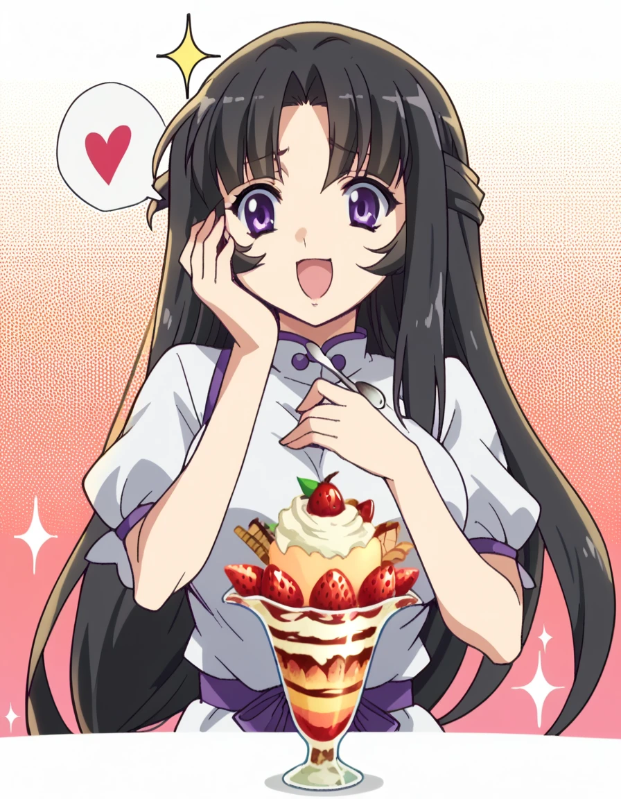 score_9, score_8_up, score_7_up, source_anime, <lora:queens-blade-tomoe-s1-ponyxl-lora-nochekaiser:1>, tomoe, long hair, large breasts, black hair, purple eyes, low-tied long hair, anime screencap, <lora:parfait-ponyxl-lora-nochekaiser:1>, parfait, open mouth, heart, food, sparkle, fruit, happy, hand on own face, spoken heart, ice cream, strawberry, spoon, hand on own cheek, cherry, holding spoon,, , cowboy shot, solo