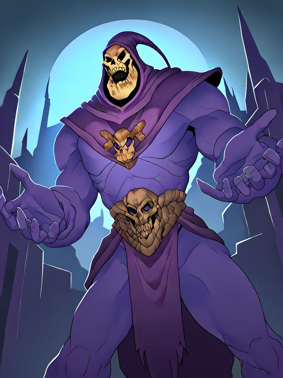 3tn3ss, very awa, absurd res, wide angle view, dramatic lighting, dark gothic scenery, nighttime, outside of a castle, castle towers above in background, 1male, solo, barazoku.
skeletor, skull head, no eyes, blue body, hood, hands and arms lifted, arms stretched out above him, laughing maniacally.
