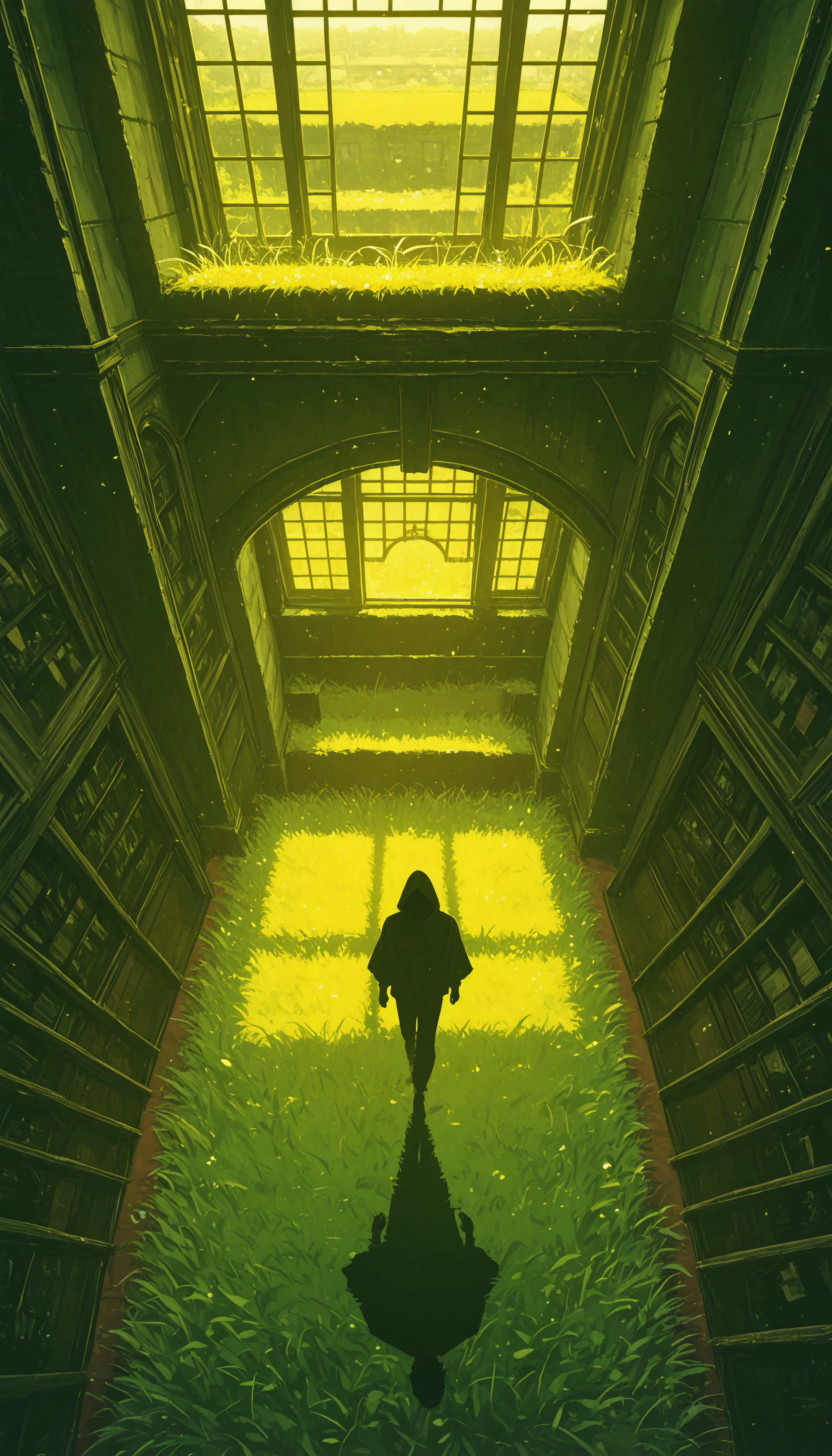 midniji, vibrant colors, detailed character design, dynamic poses, solo, solo, 1boy, standing, male_focus, indoors, window, shadow, from_above, grass, building, scenery, walking, silhouette, wide_shot, green_theme, yellow_theme, very_wide_shot,
hdr, low contrast, masterpiece, best quality, absurdres, highres, perfect anatomy, anime style, anime screenshot, 8k wallpaper, ultra high quality, extremely detailed cg, perfect lighting, (sharp image)